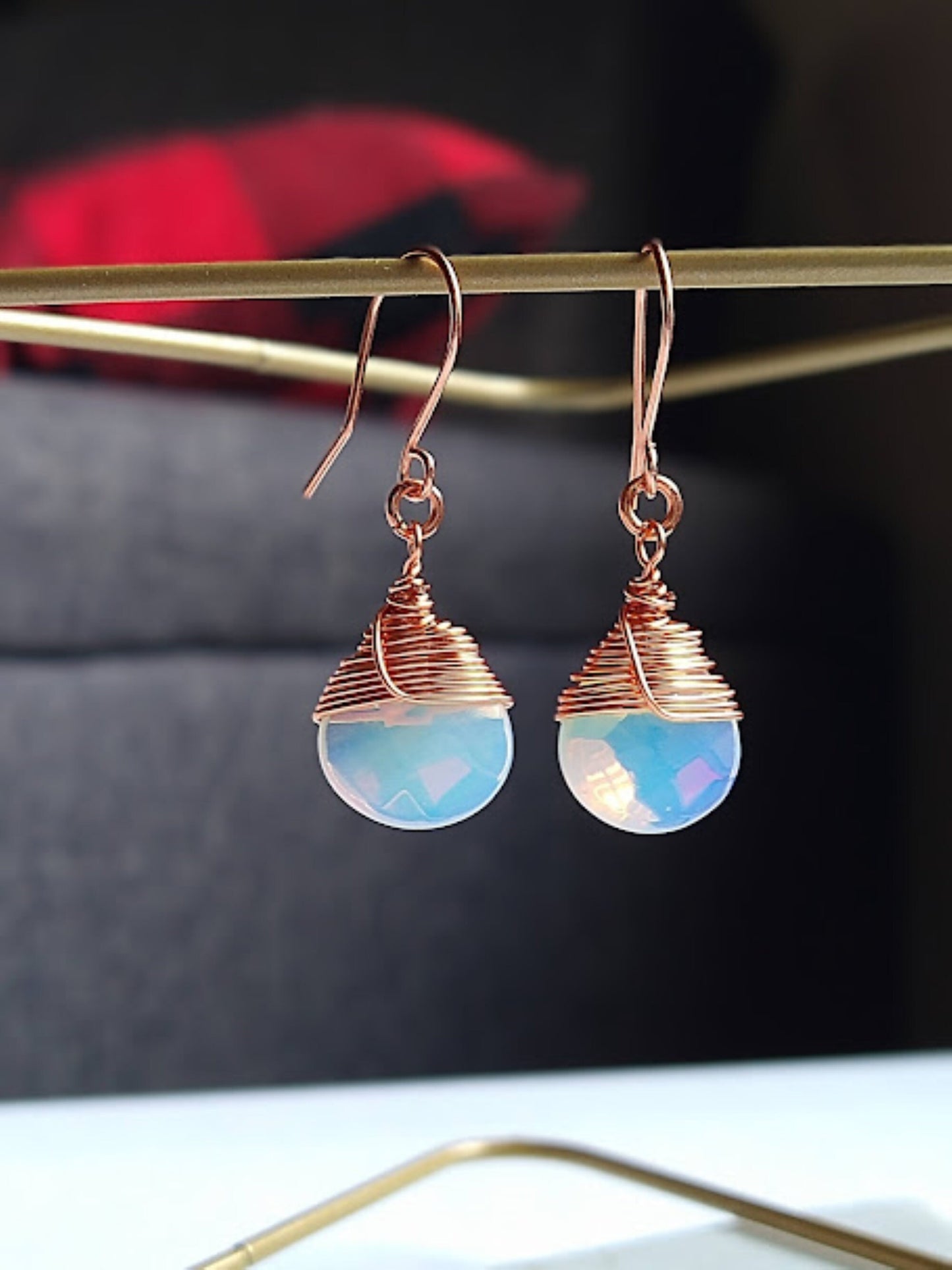 Teardrop Opalite Earrings: Bright Copper Wire Wrapped Dangle