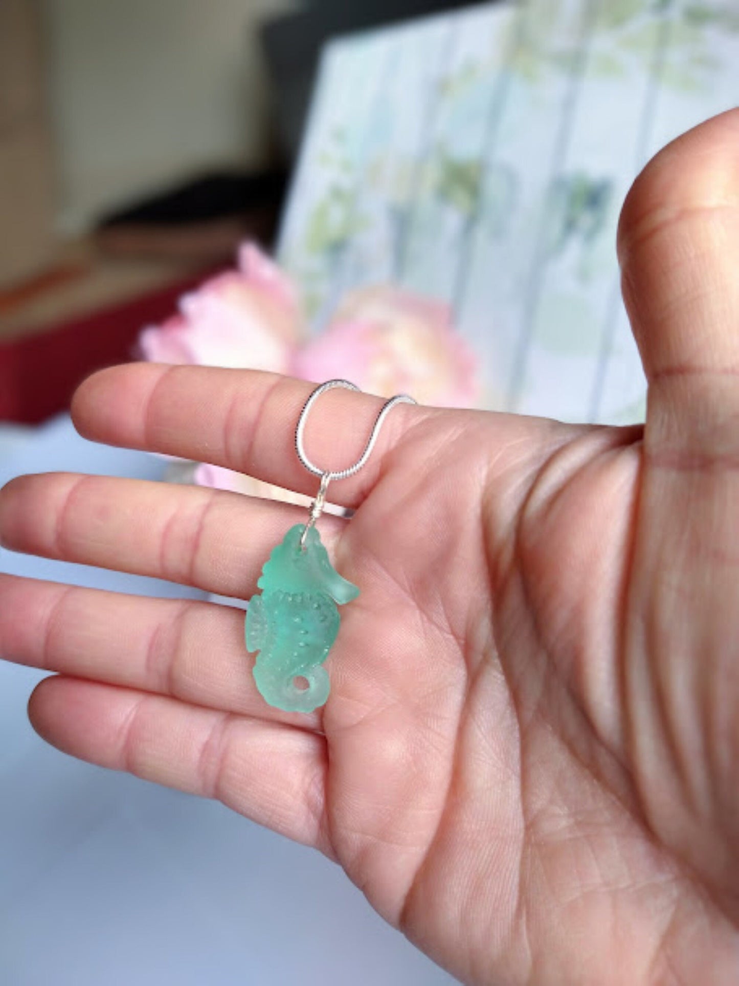 Blue Seahorse Necklace • Sterling Silver Chain, Beach Jewelry