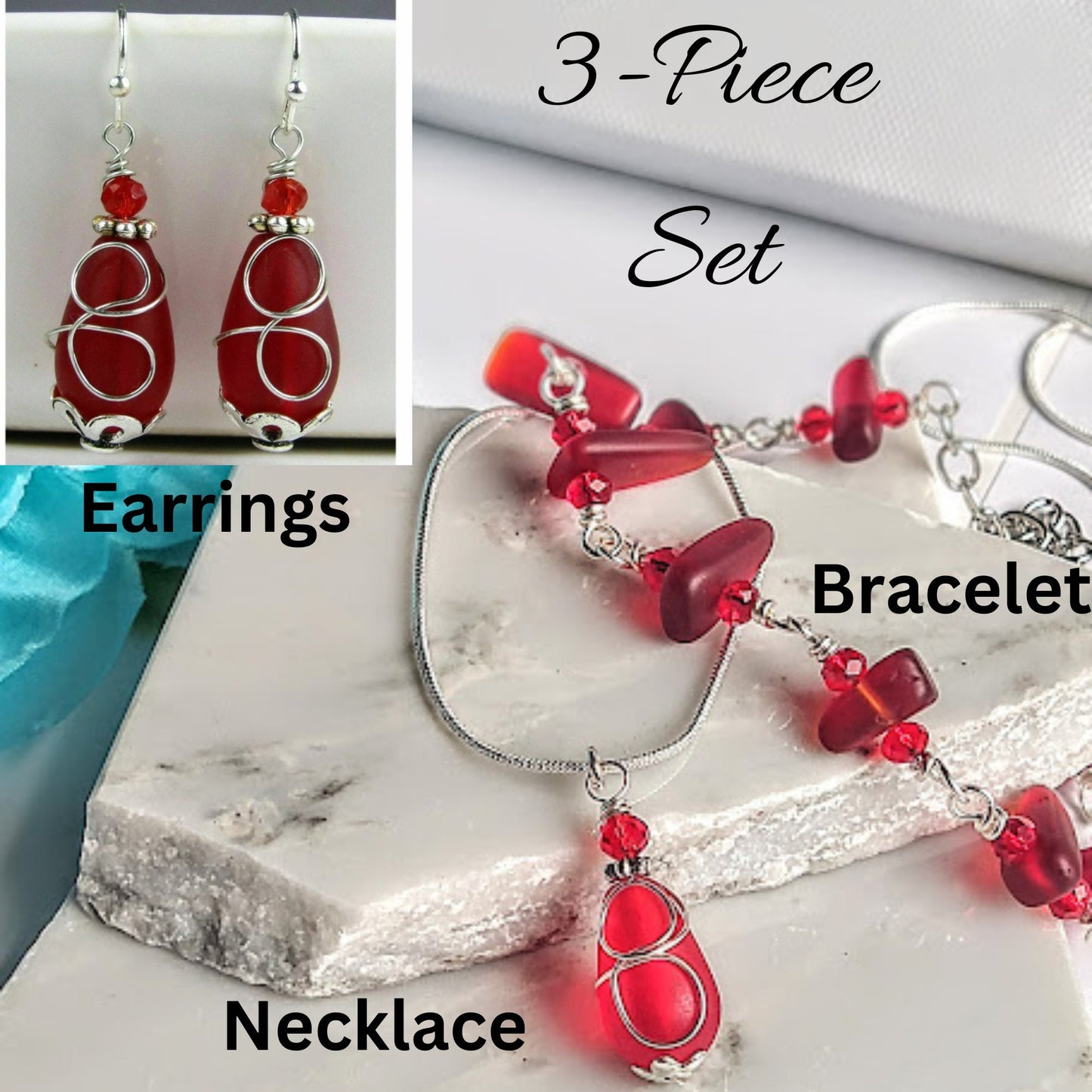 Red Sea Glass Chain Link Bracelet: Handmade Silver Cable Bracelet