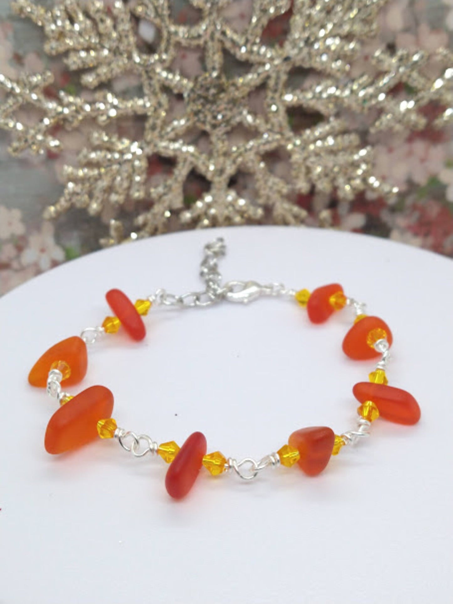 Orange Sea Glass Bracelet: Silver Chain Link, Beach Jewelry