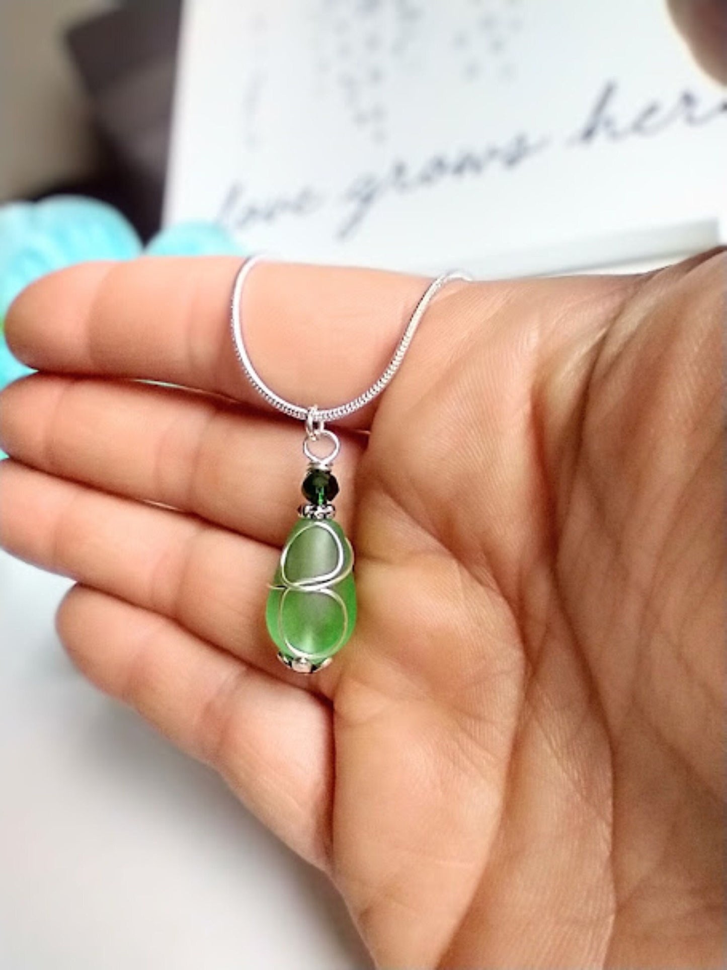 Green Sea Glass Necklace: Silver Wire Wrapped Pendant