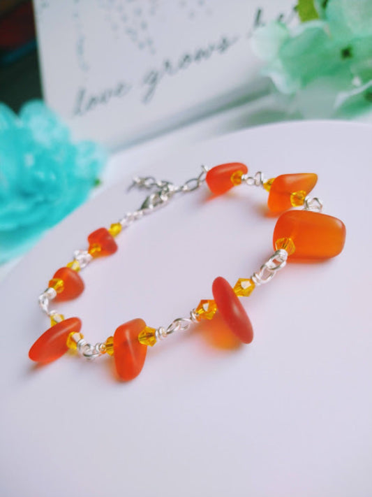 Orange Sea Glass Bracelet: Silver Chain Link, Beach Jewelry