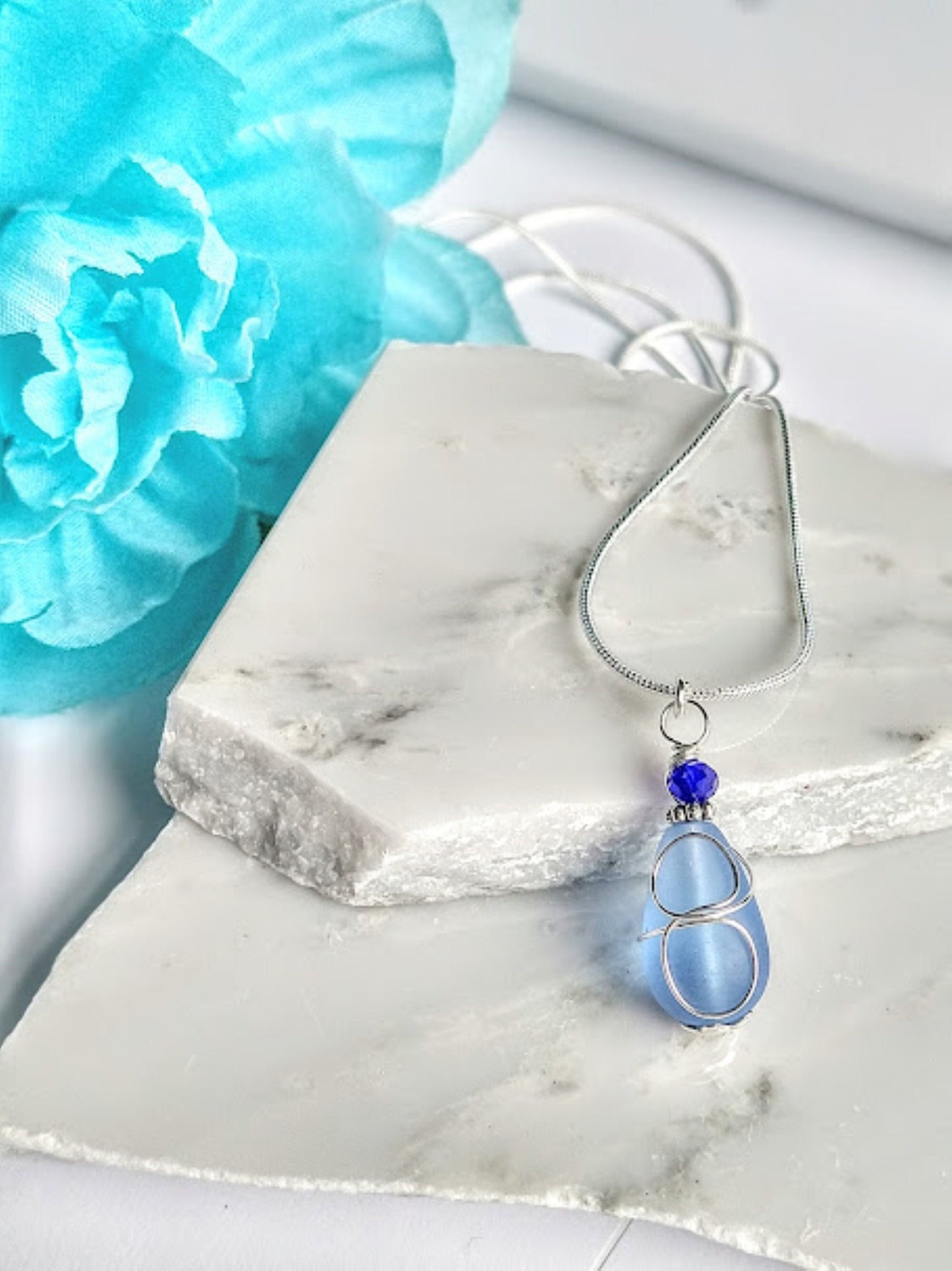 Cobalt Blue Sea Glass Silver Snake Chain Necklace Gift For Her Minimalist Jewelry Teardrop Pendant Birthday Gift For Her Dainty Dangle