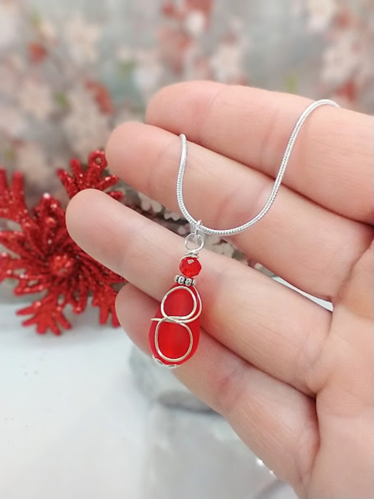 Red Sea Glass Necklace Silver Snake Chain Necklace Beach Jewelry Gift For Ocean Lover Beach Wedding Dainty Drop Pendant Sterling Silver