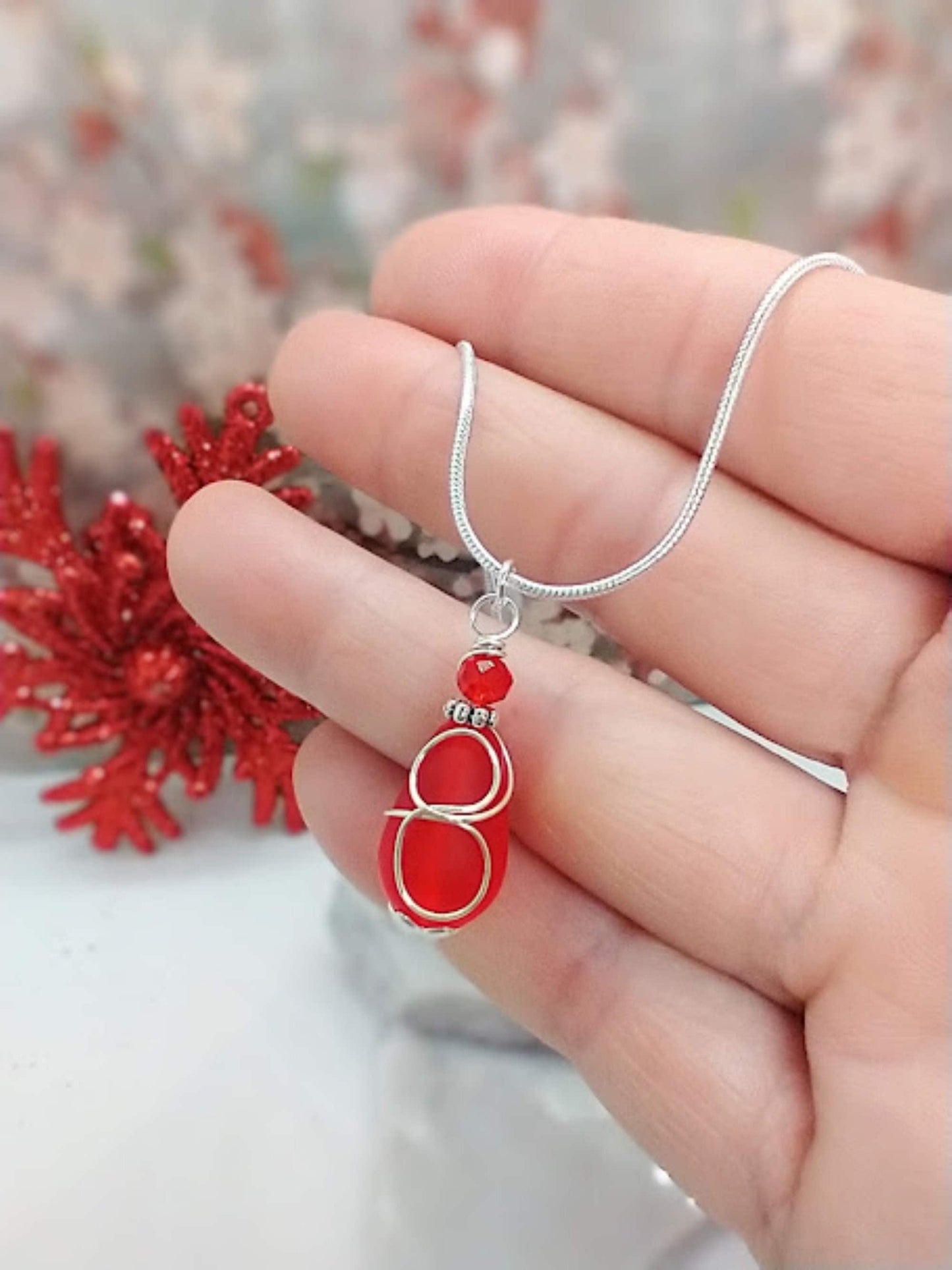 Red Sea Glass Pendant Necklace: Silver Wire Wrapped Jewelry
