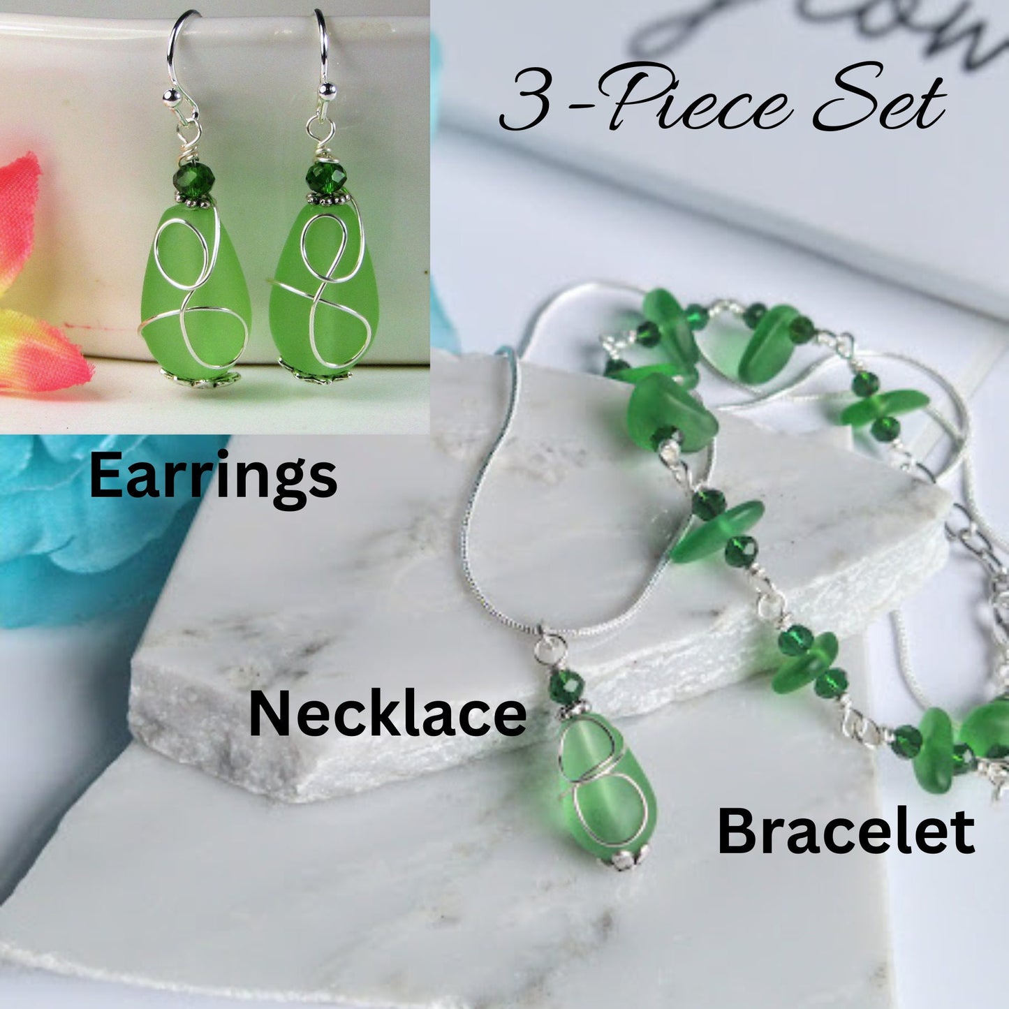Green Sea Glass Bracelet: Silver Chain Link, Beach Wedding Jewelry