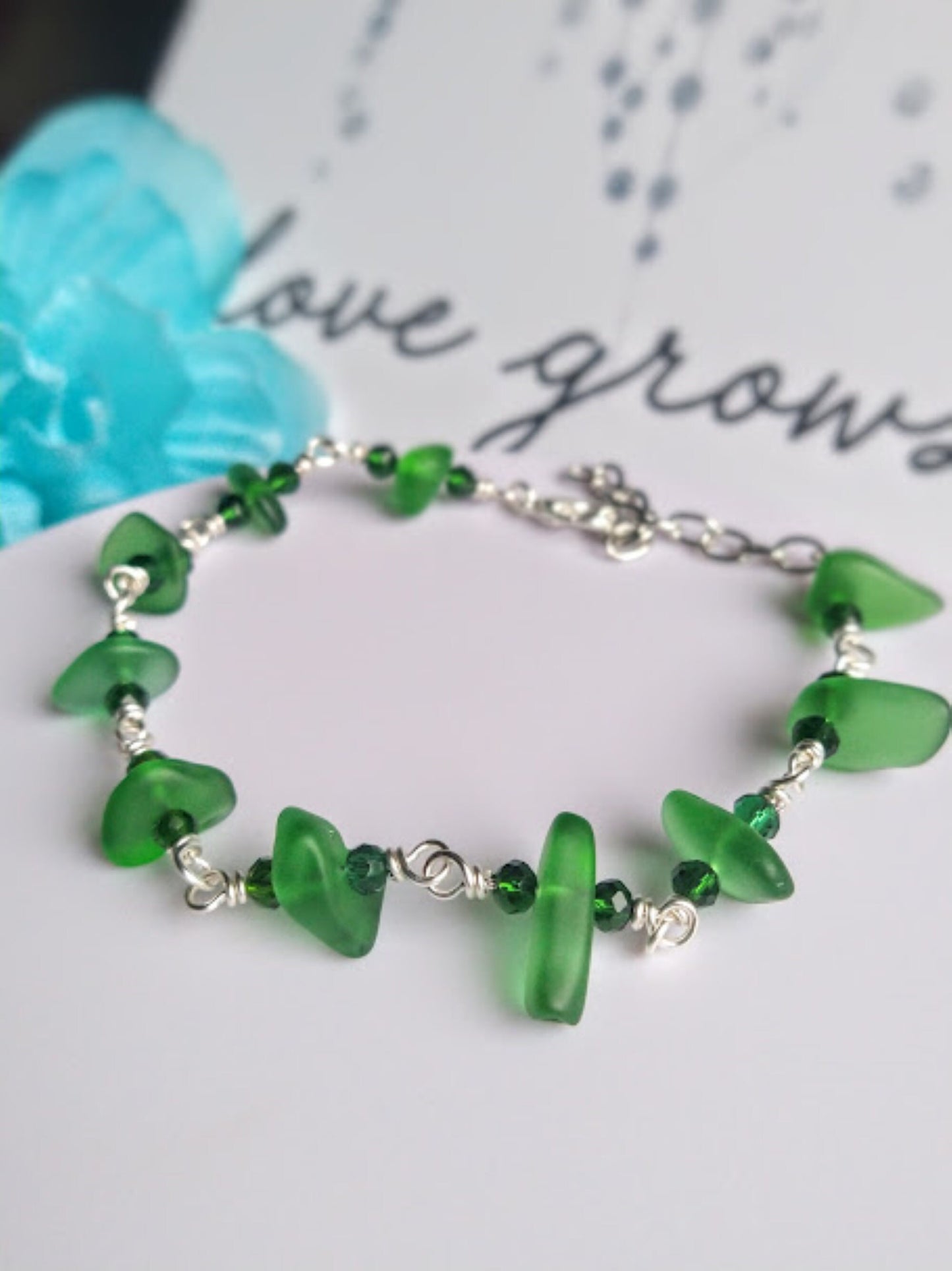 Green Sea Glass Bracelet: Silver Chain Link, Beach Wedding Jewelry