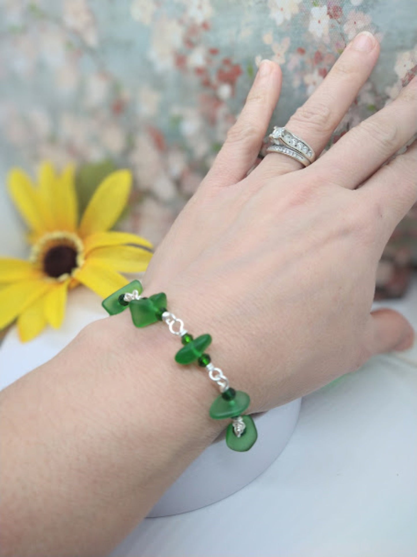 Green Sea Glass Bracelet: Silver Chain Link, Beach Wedding Jewelry