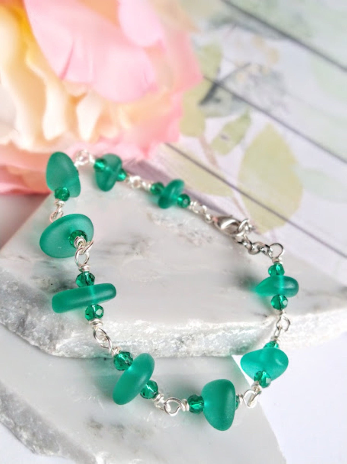 Teal Sea Glass Bracelet: Silver Chain Link, Handmade Jewelry