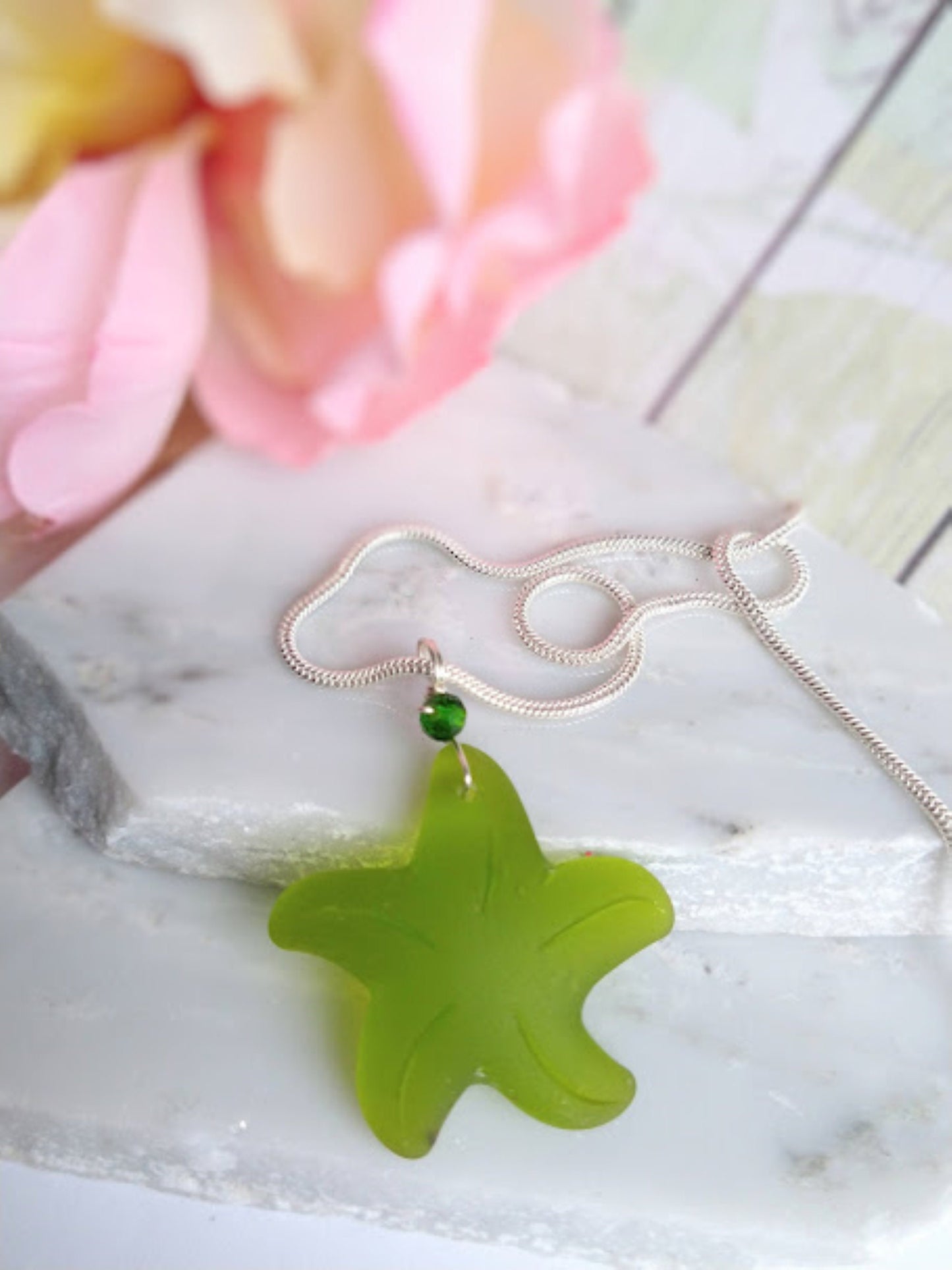 Ladies Dainty Necklace Sterling Silver Snake Chain Seaglass Jewelry Ocean Charm Starfish Pendant Minimalist Gift For Her Beach Inspired