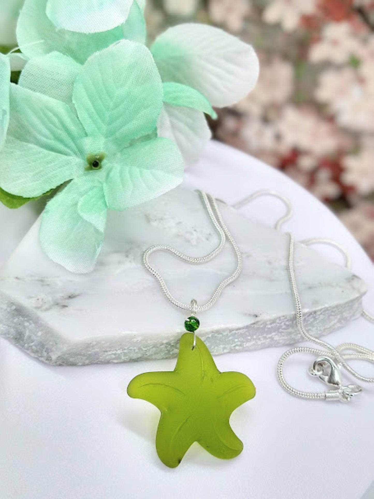 Ladies Dainty Necklace Sterling Silver Snake Chain Seaglass Jewelry Ocean Charm Starfish Pendant Minimalist Gift For Her Beach Inspired