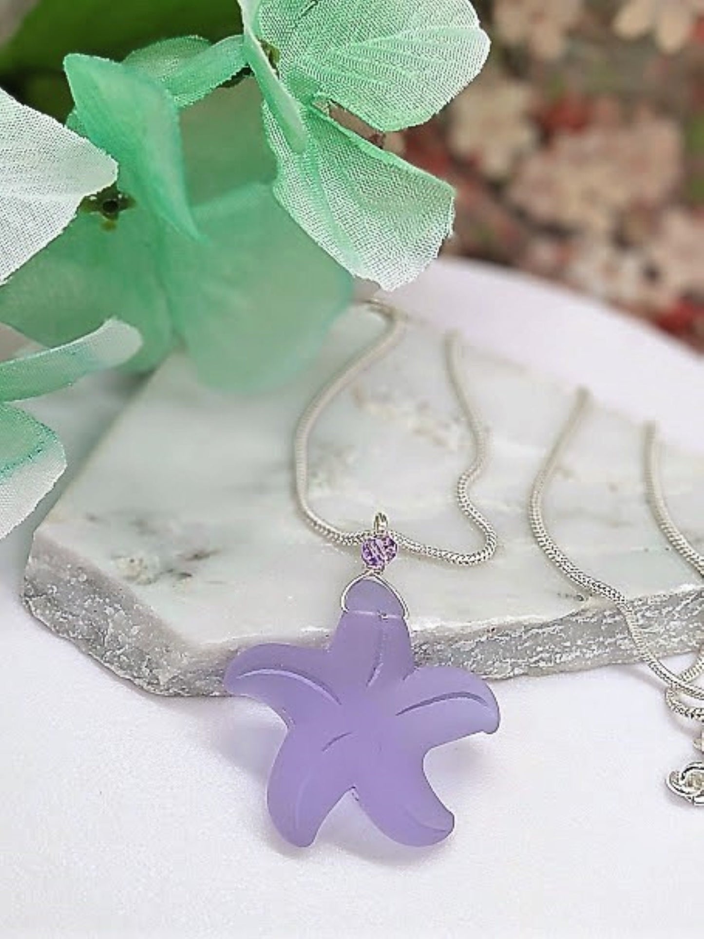 Sterling Silver Necklace Seaglass Pendant Snake Chain Necklace Starfish Pendant Gift For Her Minimalist Jewelry For Beach Lover