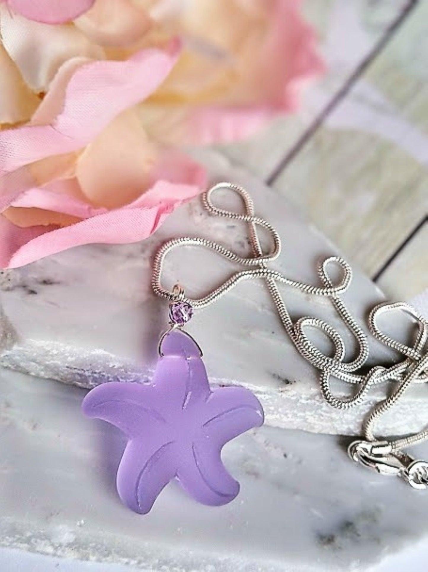 Sterling Silver Necklace Seaglass Pendant Snake Chain Necklace Starfish Pendant Gift For Her Minimalist Jewelry For Beach Lover