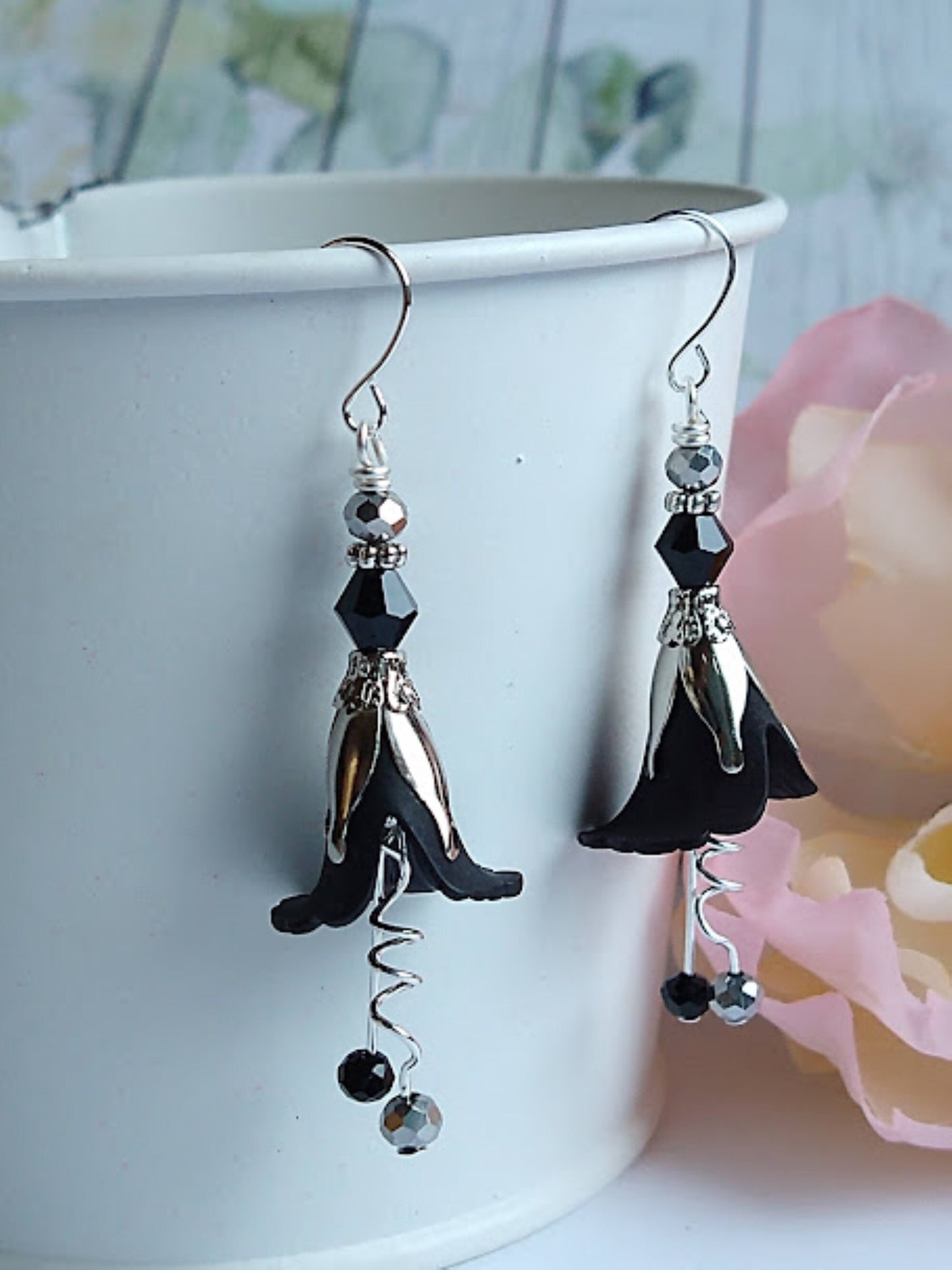 Black Flower Dangle Earrings, Silver Accents, Floral Drop Earrings