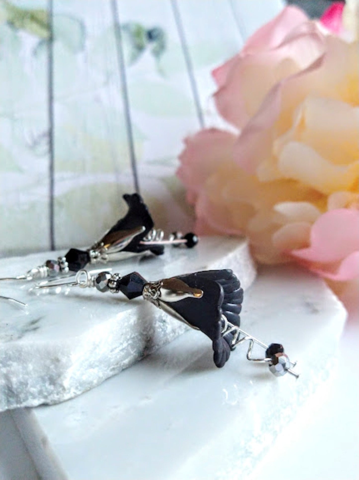 Black Flower Earrings Black, Mother's Day Gift For Her, Daisy Floral Dangle Earrings, Small Rose Drop Earrings, Dainty Summer Earrings