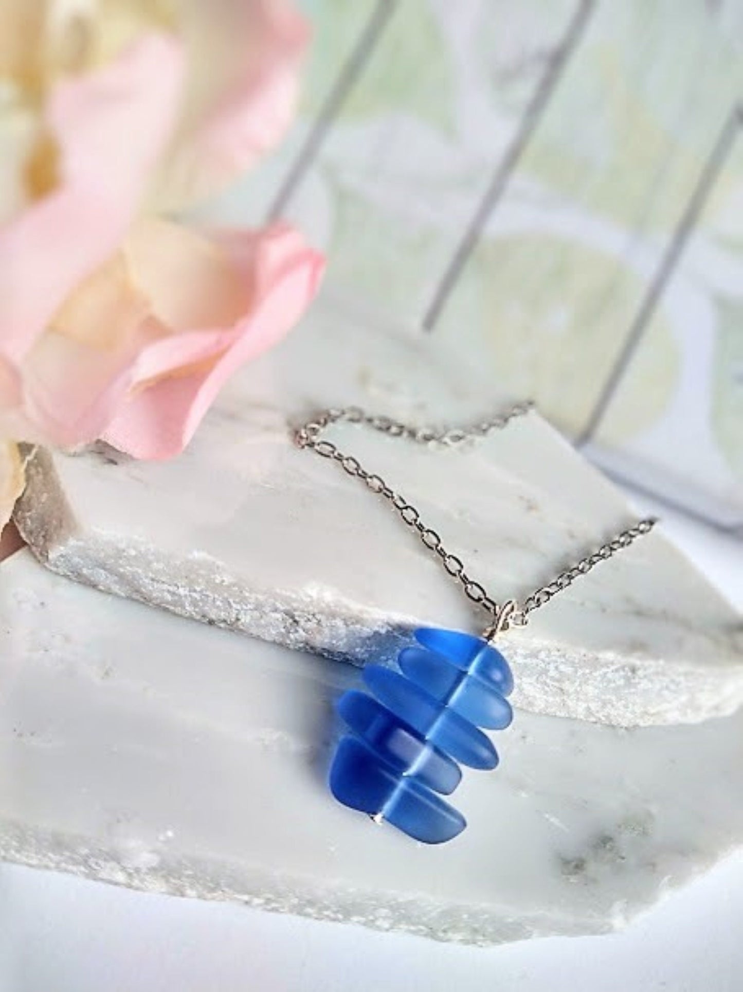 Cobalt Blue Sea Glass Pendant Necklace: Stainless Steel Beach Jewelry