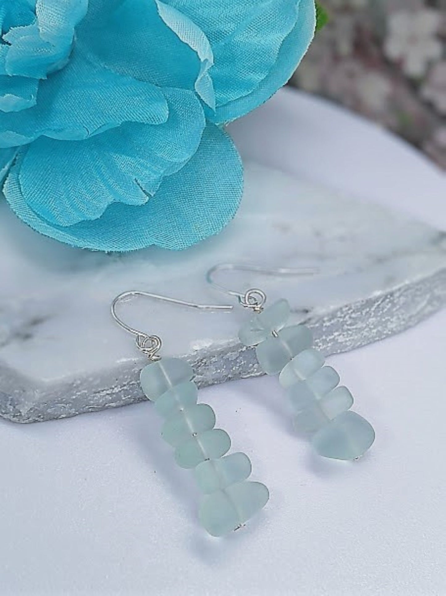 Aqua Blue Earrings Pebble Stacked Sea Glass Silver Ladies Dangle Earrings Seaglass Beach Jewelry Gift For Beach Lover's Dangle Earrings