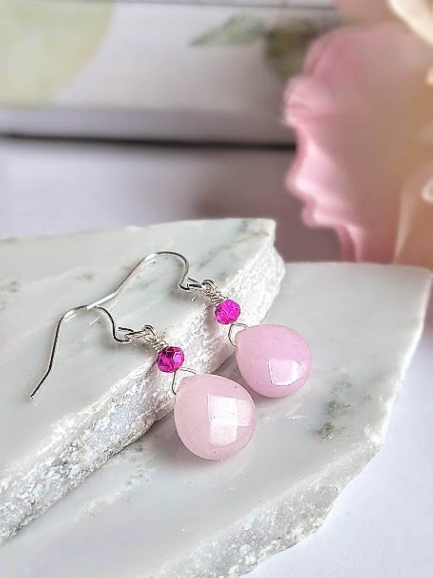 Pink Opal Teardrop Earrings: Sterling Silver Dangle Gemstone