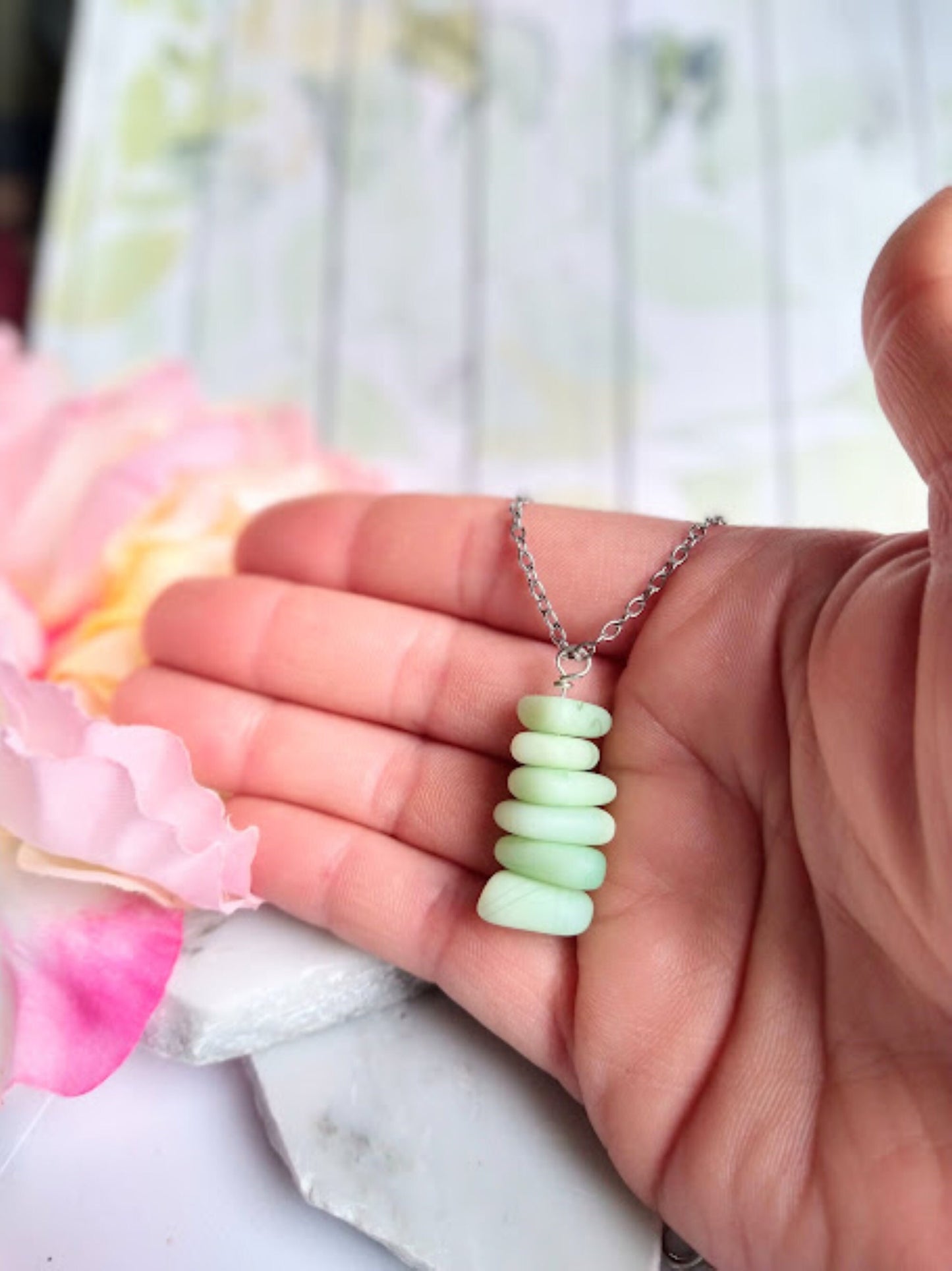 Mint Green Sea Glass Pendant Necklace, Stainless Steel Chain