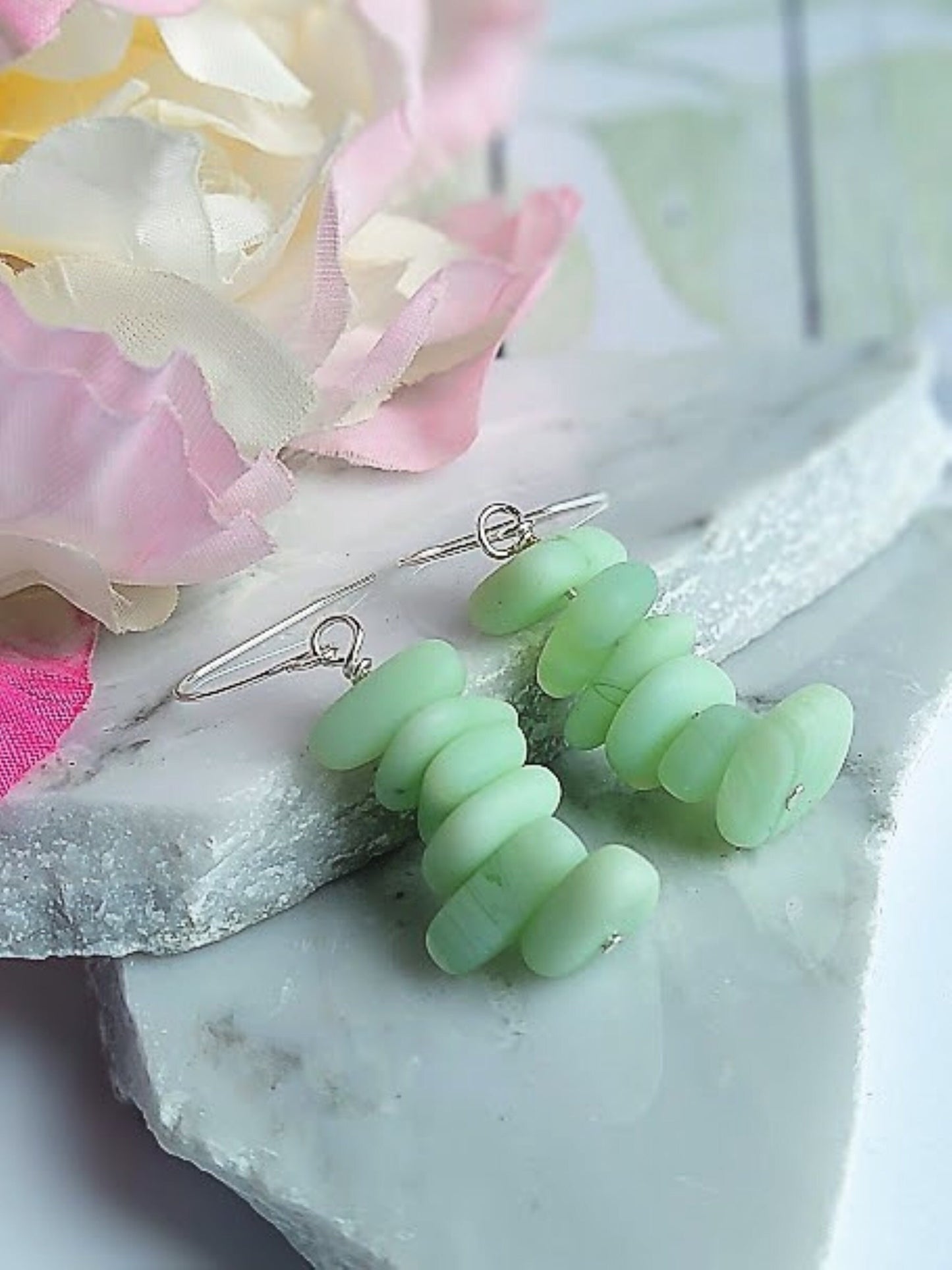 Mint Green Sea Glass Earrings: Sterling Silver Dangle Beach Jewelry