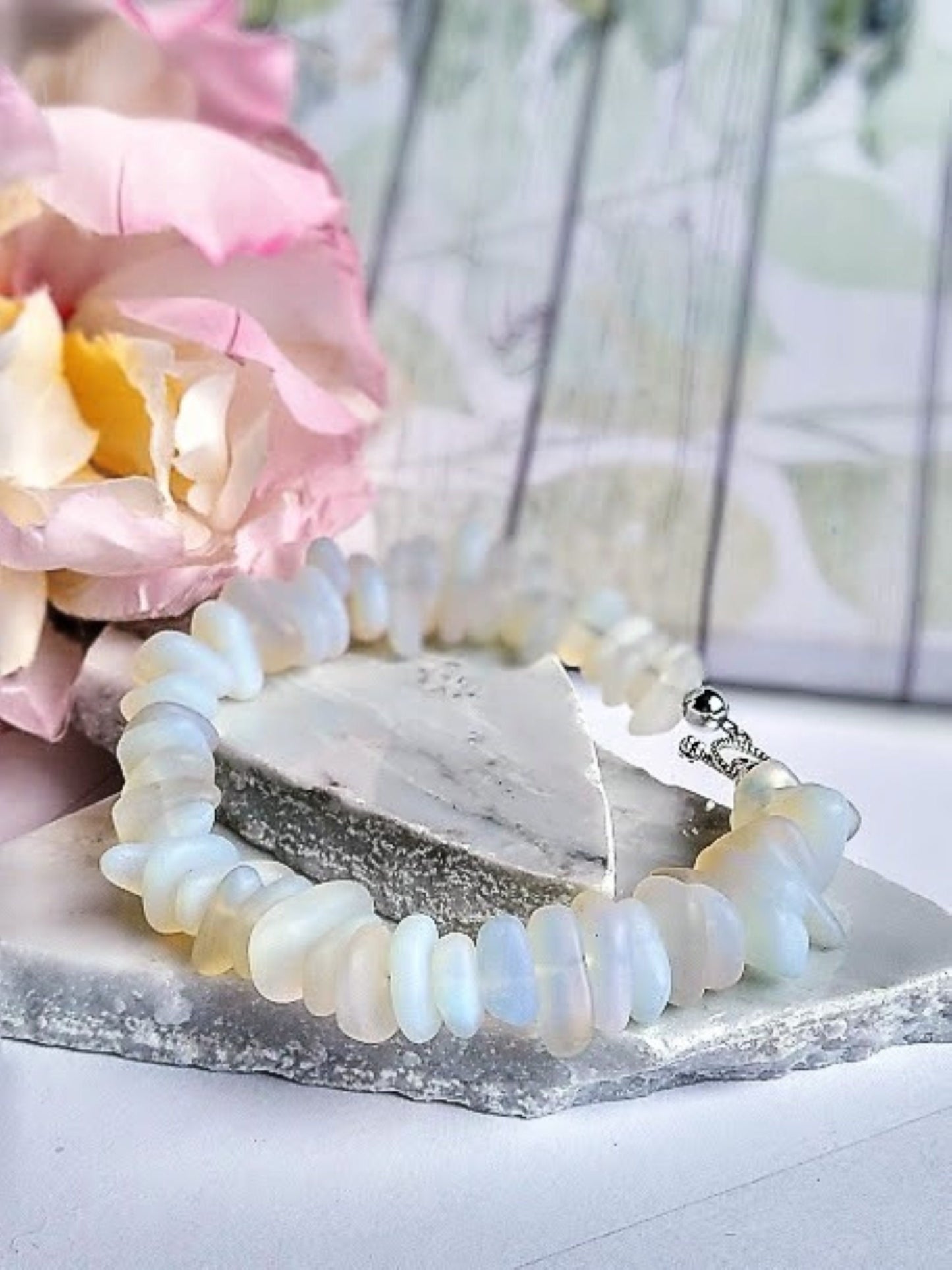 Handmade Opalite Seaglass Bracelet: Sterling Silver Toggle Clasp