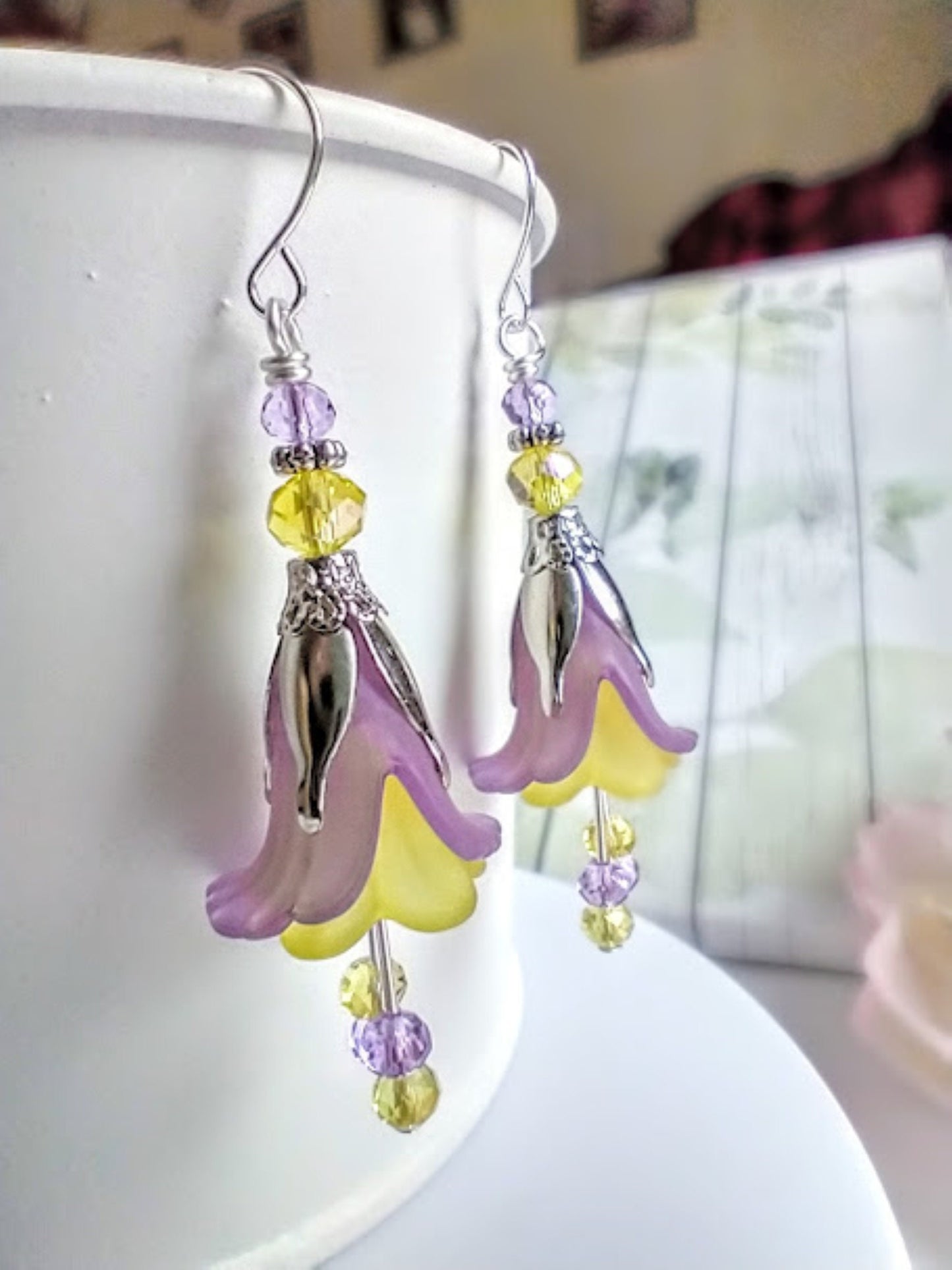 Purple Flower Dangle Earrings: Acrylic Floral Beads, Gift Box