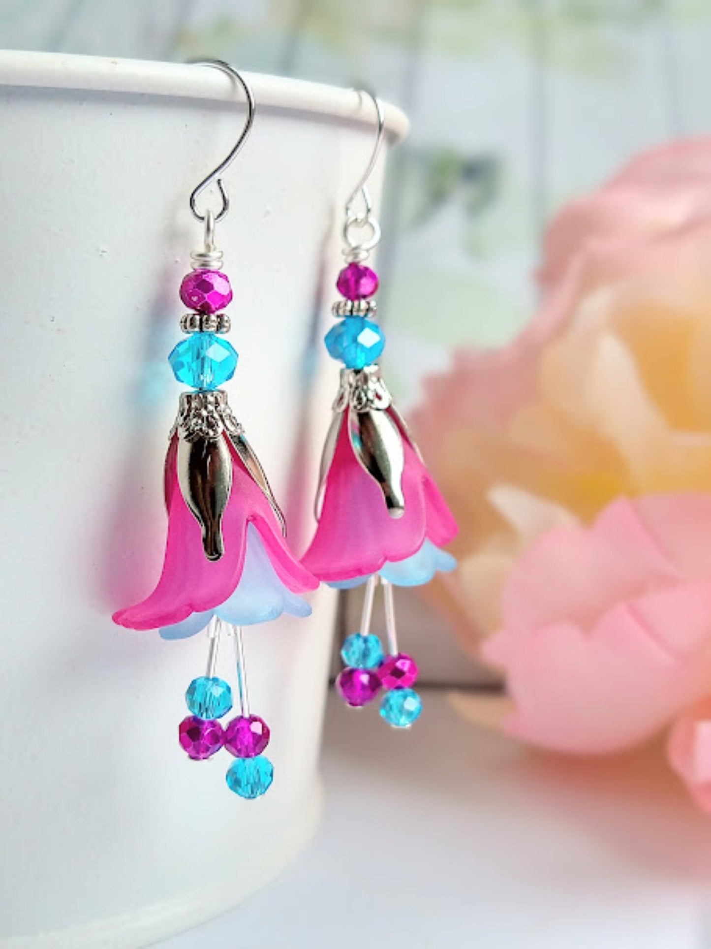 Handmade Pink Flower Dangle Earrings: Boho Floral Jewelry