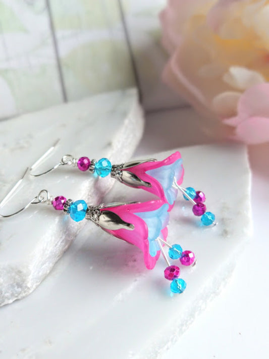 Flower Earrings - Handmade Pink Blue Dangle Earrings Floral Dangle Earrings Gift For Nature Lover Bridal Jewelry Beach Wedding Accessories