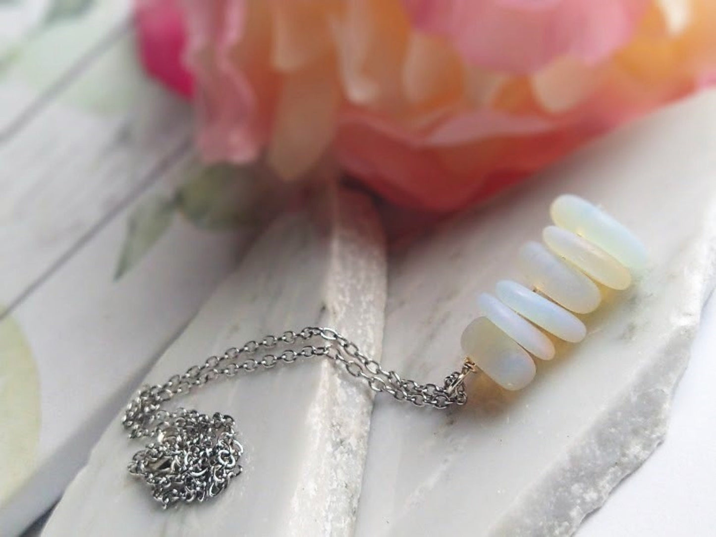 Opal Sea Glass Necklace: Stainless Steel Cable Chain, Beach Jewelry