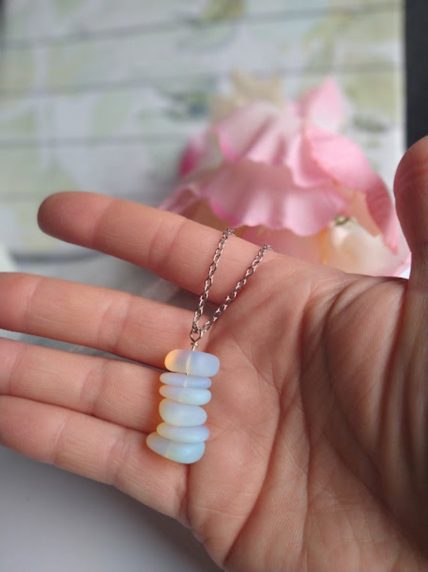 Opal Sea Glass Necklace: Stainless Steel Cable Chain, Beach Jewelry