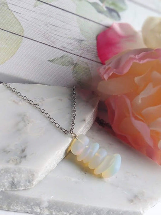 Opal Sea Glass Necklace: Stainless Steel Cable Chain, Beach Jewelry