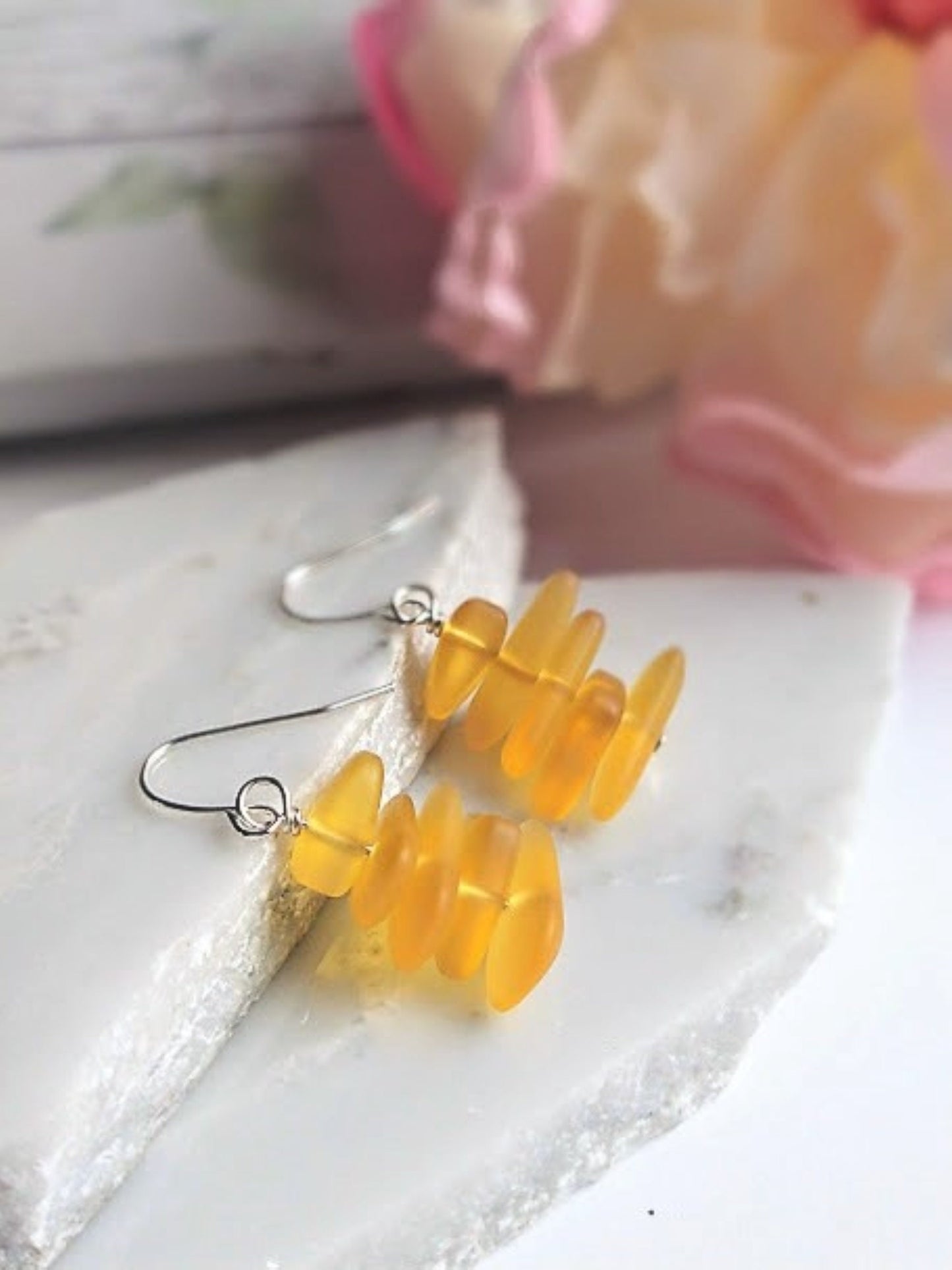 Yellow Sea Glass Earrings: Sterling Silver Dangle Beach Jewelry