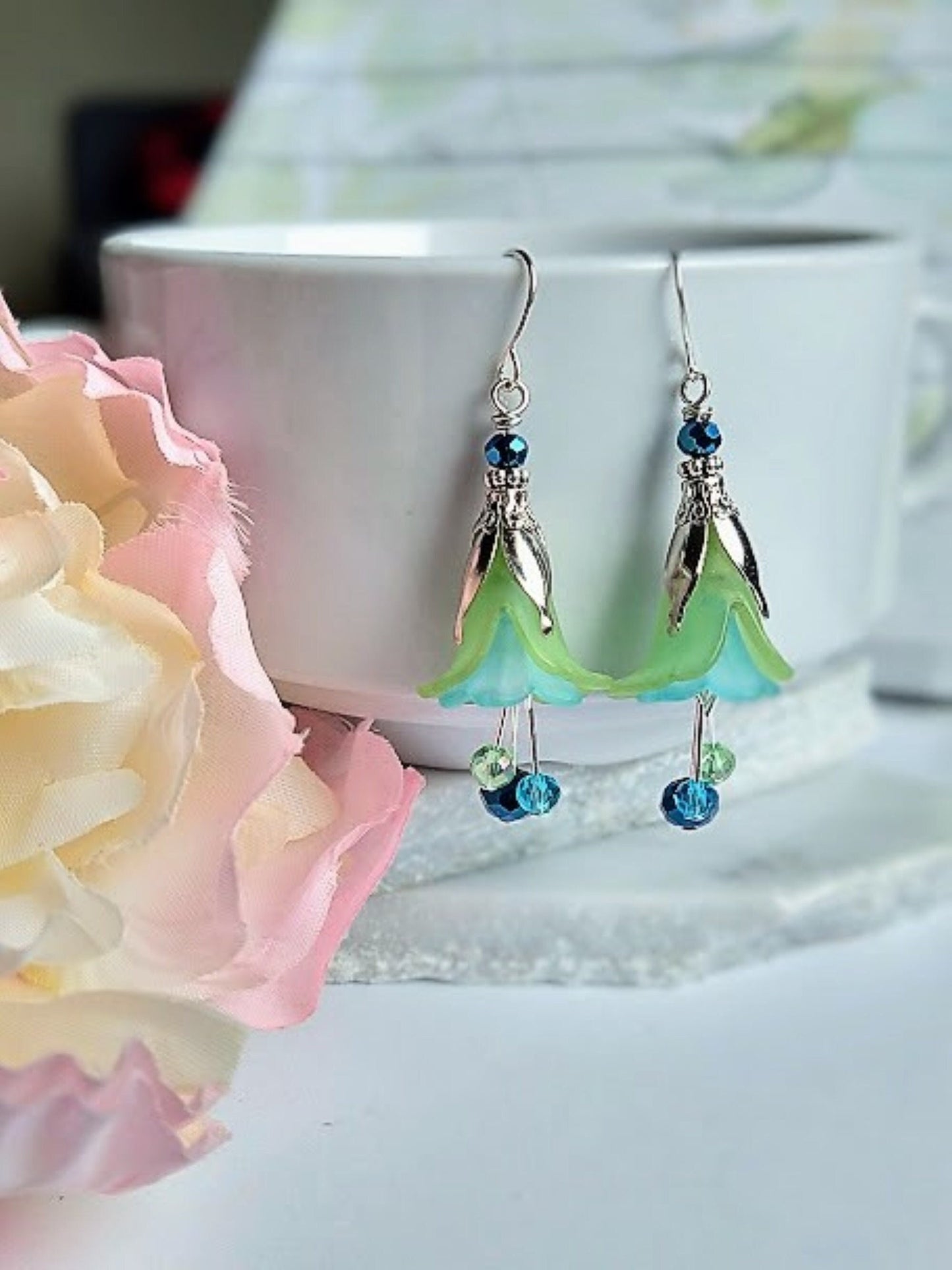 Boho Floral Drop Earrings: Green & Blue Flower Dangles