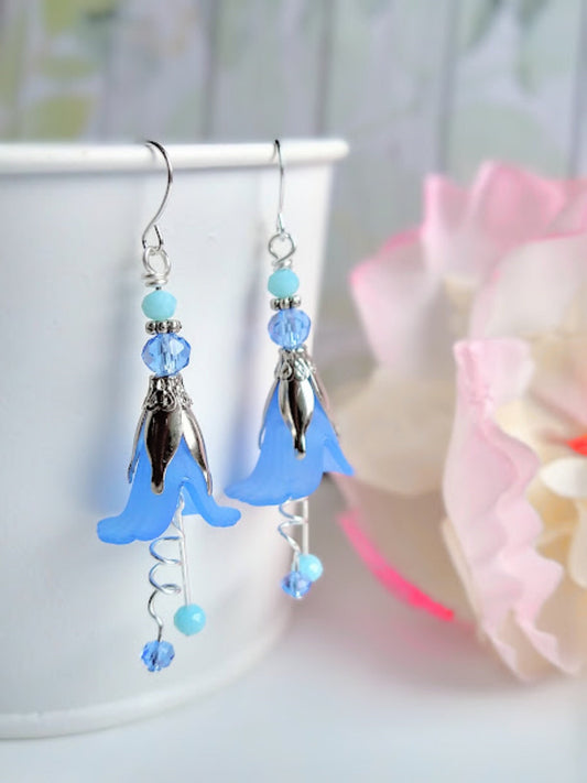 Blue Flower Silver Dangle Earrings Bridal Braidesmaid Floral Earrings Flower Jewelry Gift For Her Bad Apple Designs Dainty Earrings Dangle