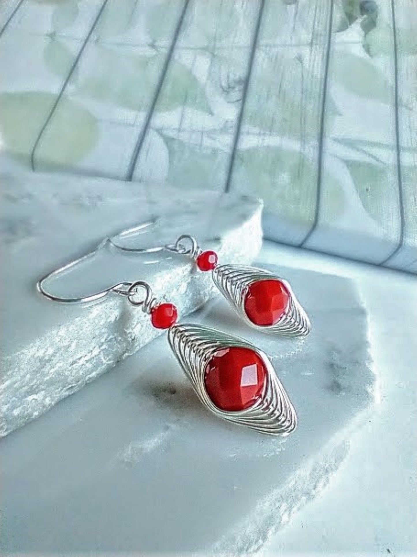 Red Glass Dangle Earrings: Wire Wrapped Gemstone Earrings