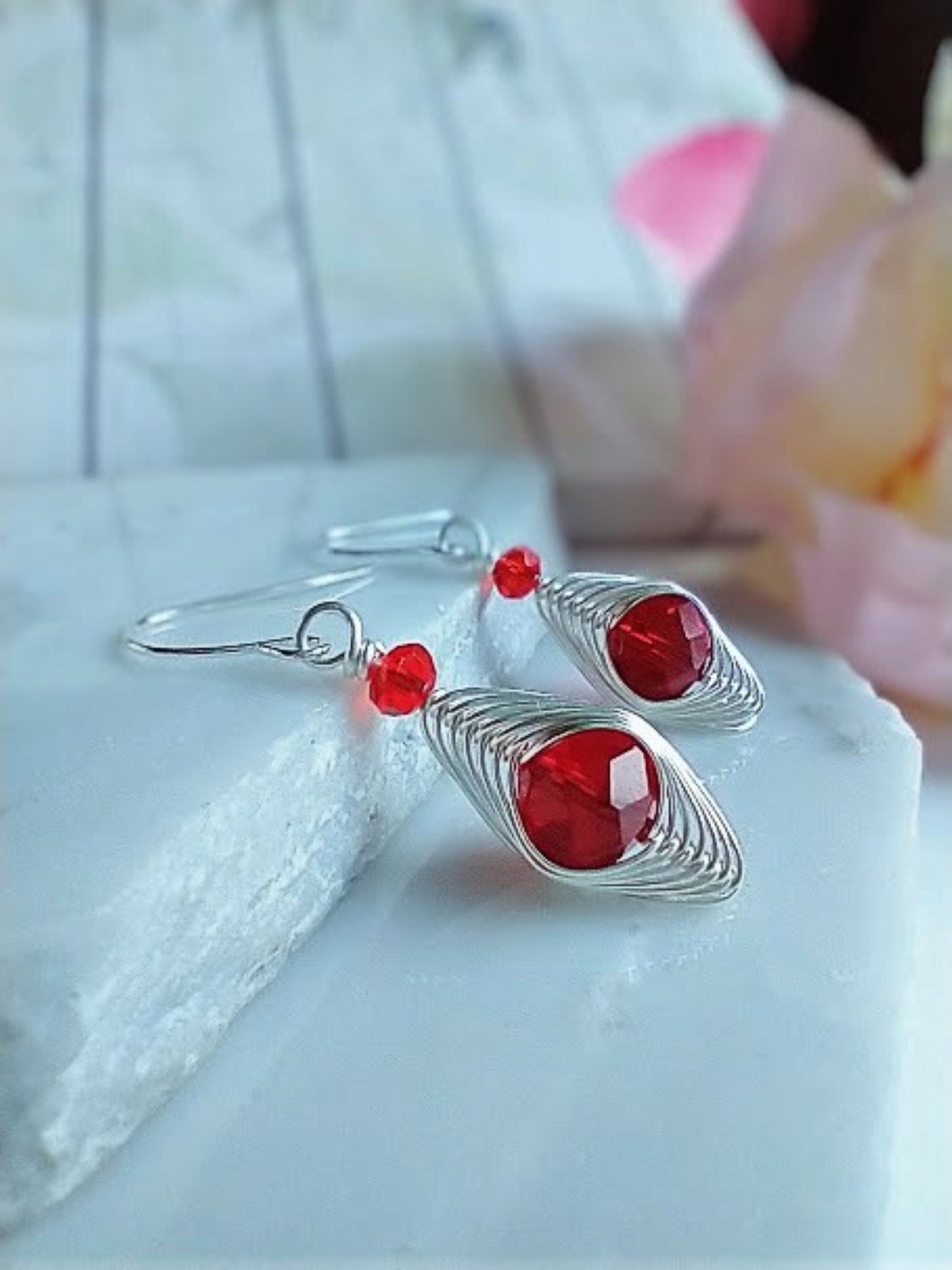 Handmade Mini Wire Wrapped Earrings: Red Crystal Dangle Jewelry
