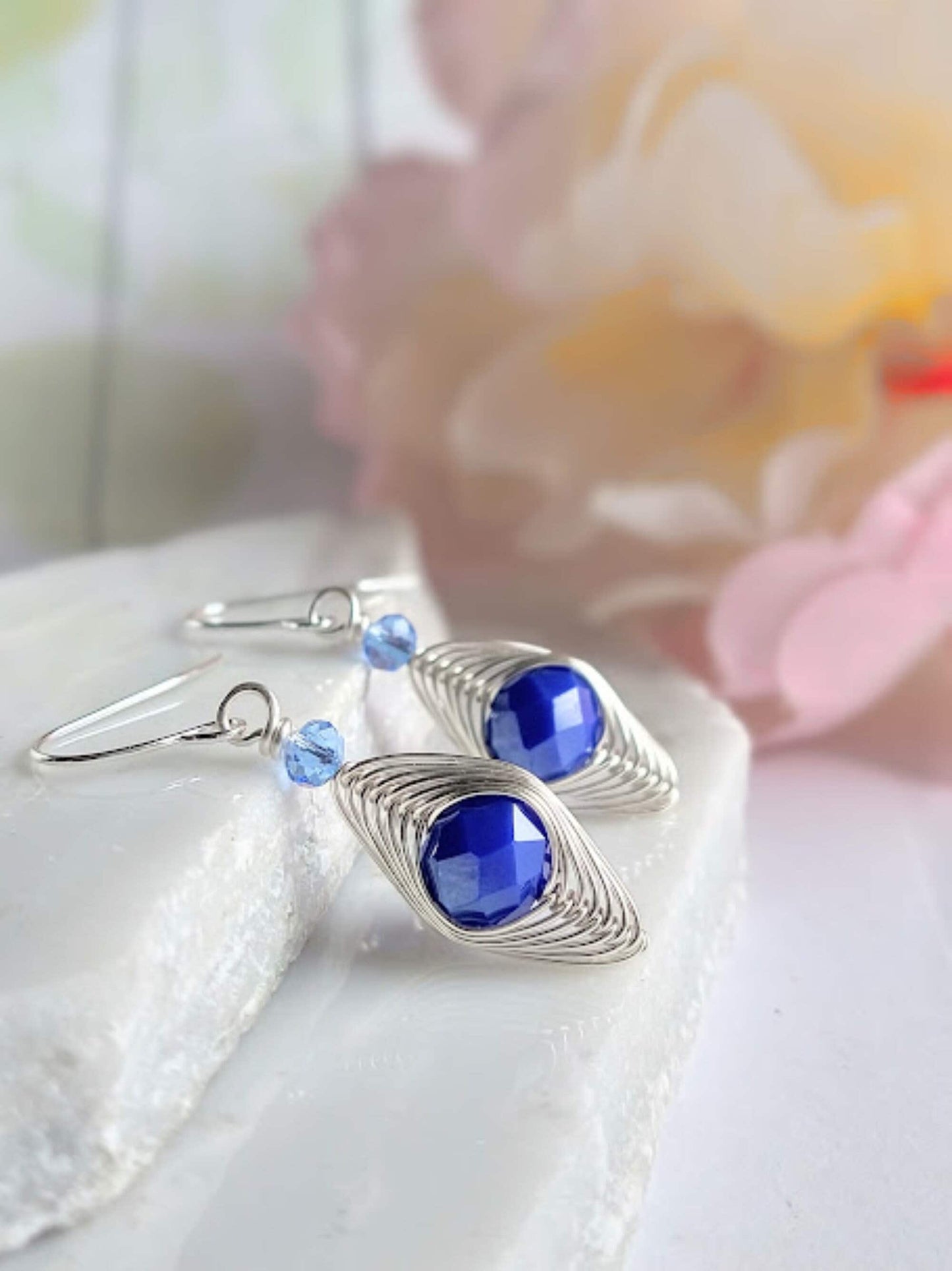 Handmade Cobalt Blue Glass Dangle Earrings: Hypoallergenic Wire Wrapped Jewelry