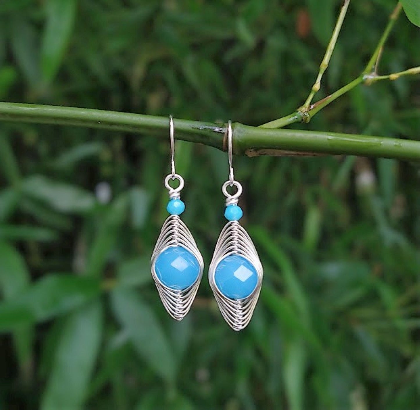 Aquamarine Glass Dangle Earrings: Sterling Silver Wire Wrapped Crystal