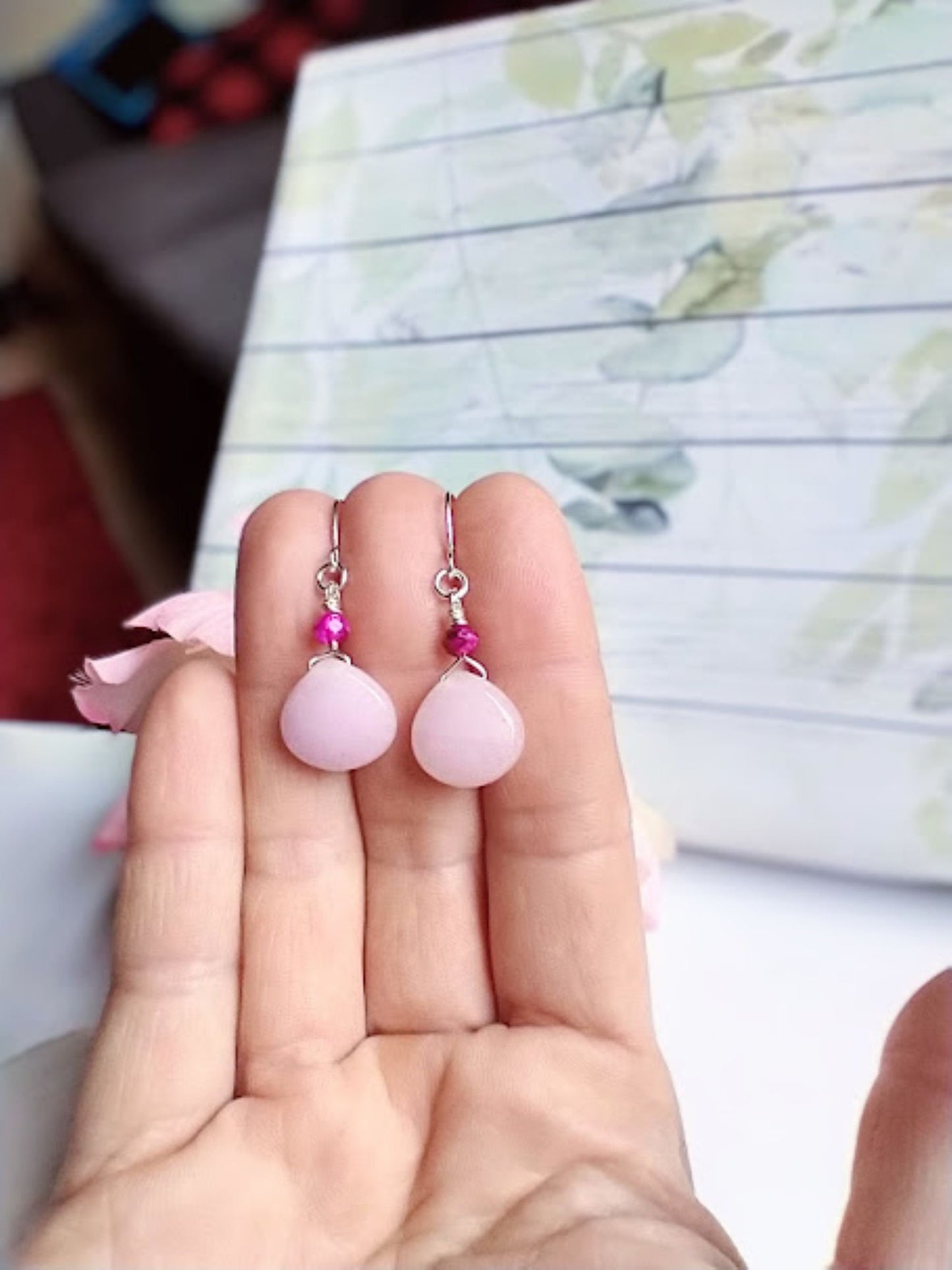 Pink Opal Teardrop Earrings: Sterling Silver Dangle Gemstone
