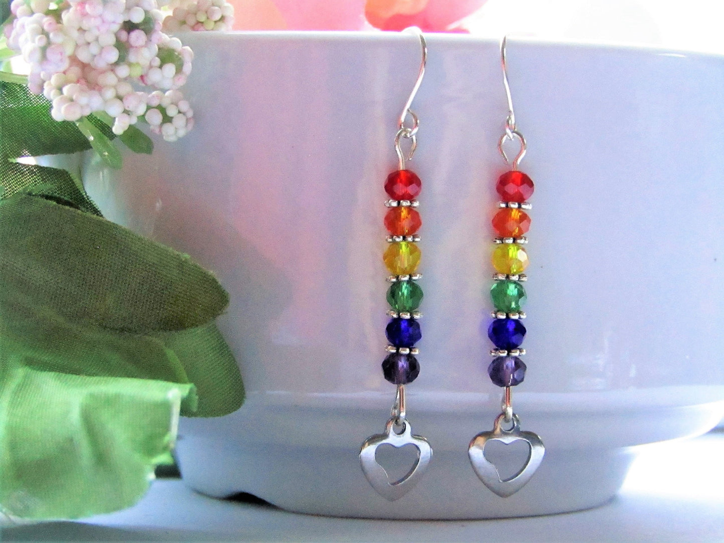 Rainbow Pride Earrings: Stainless Steel Heart Charm, Glass Beads