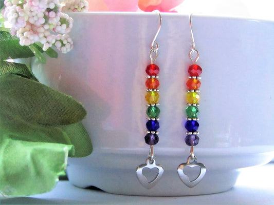 Rainbow Pride Earrings: Stainless Steel Heart Charm, Glass Beads