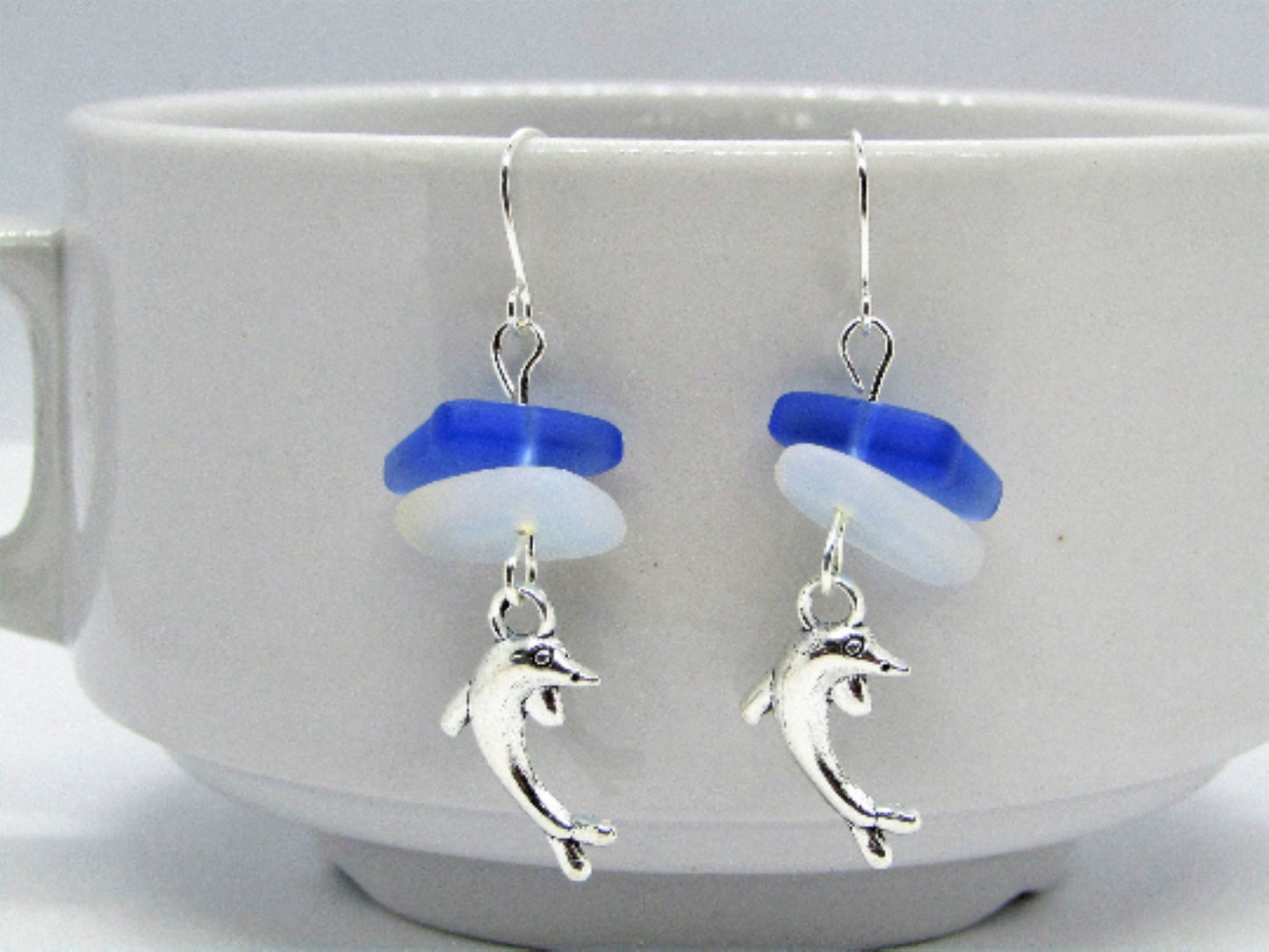 Sea Glass Dolphin Earrings: Sterling Silver Beach Jewelry