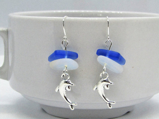Sea Glass Dolphin Earrings: Sterling Silver Beach Jewelry