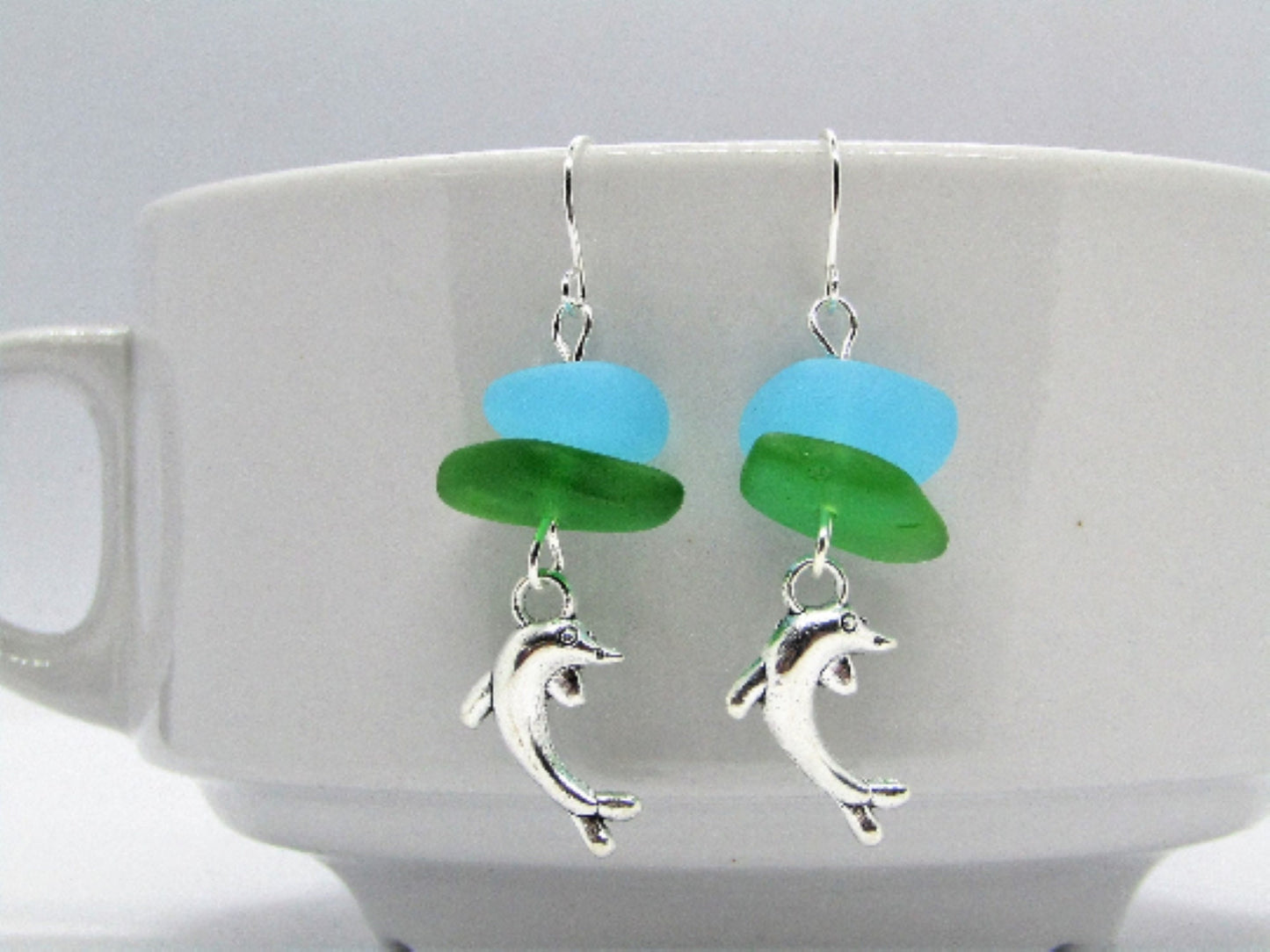 Sea Glass Dolphin Earrings: Sterling Silver Beach Jewelry
