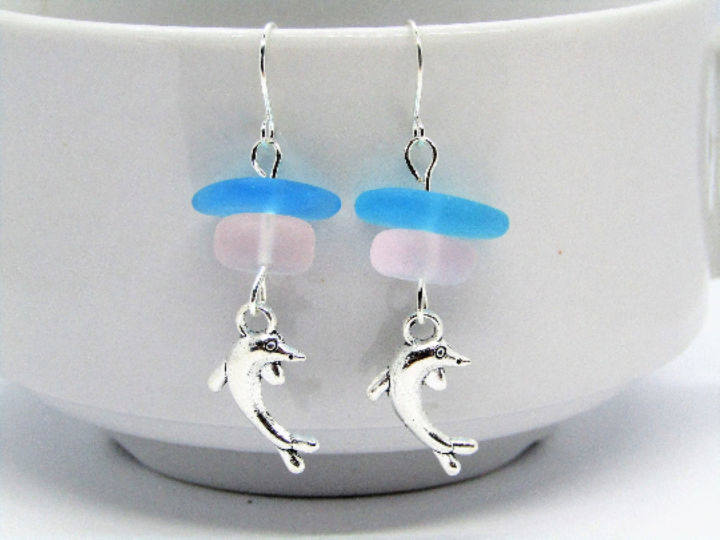 Sea Glass Dolphin Earrings: Sterling Silver Beach Jewelry