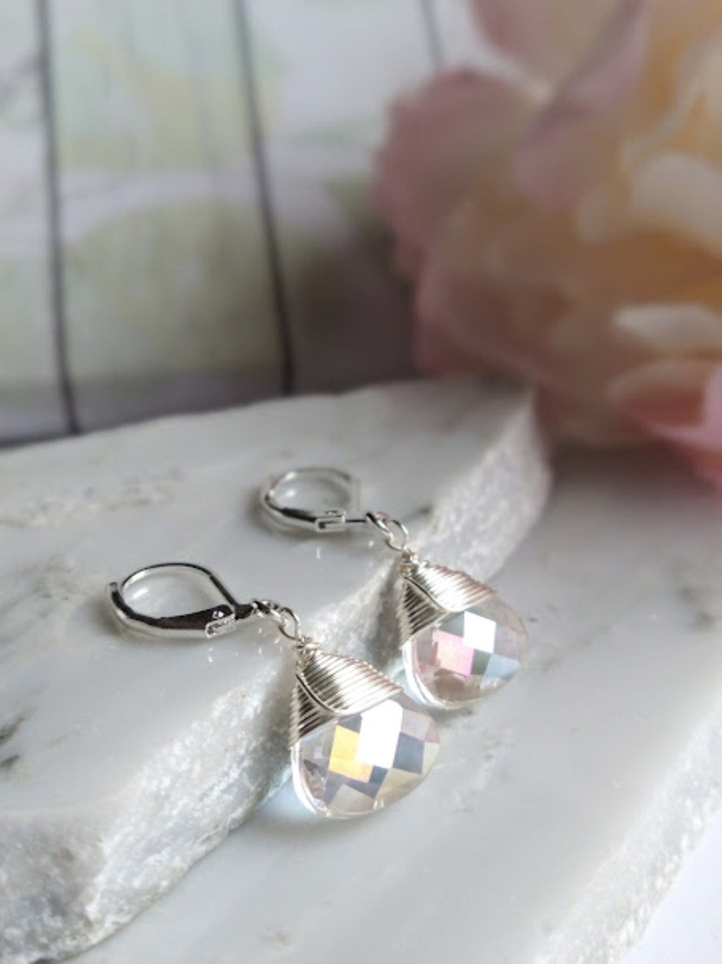 Faceted Clear Ab Crystal Teardrop Silver Leverback Earrings, Ladies Bridal Earrings, Crystal Drops