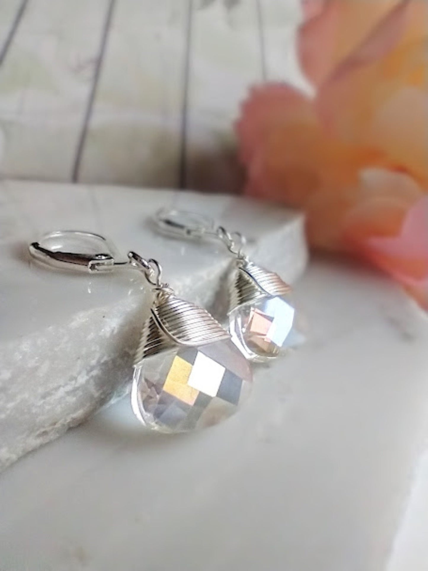 Faceted Clear Ab Crystal Teardrop Silver Leverback Earrings, Ladies Bridal Earrings, Crystal Drops