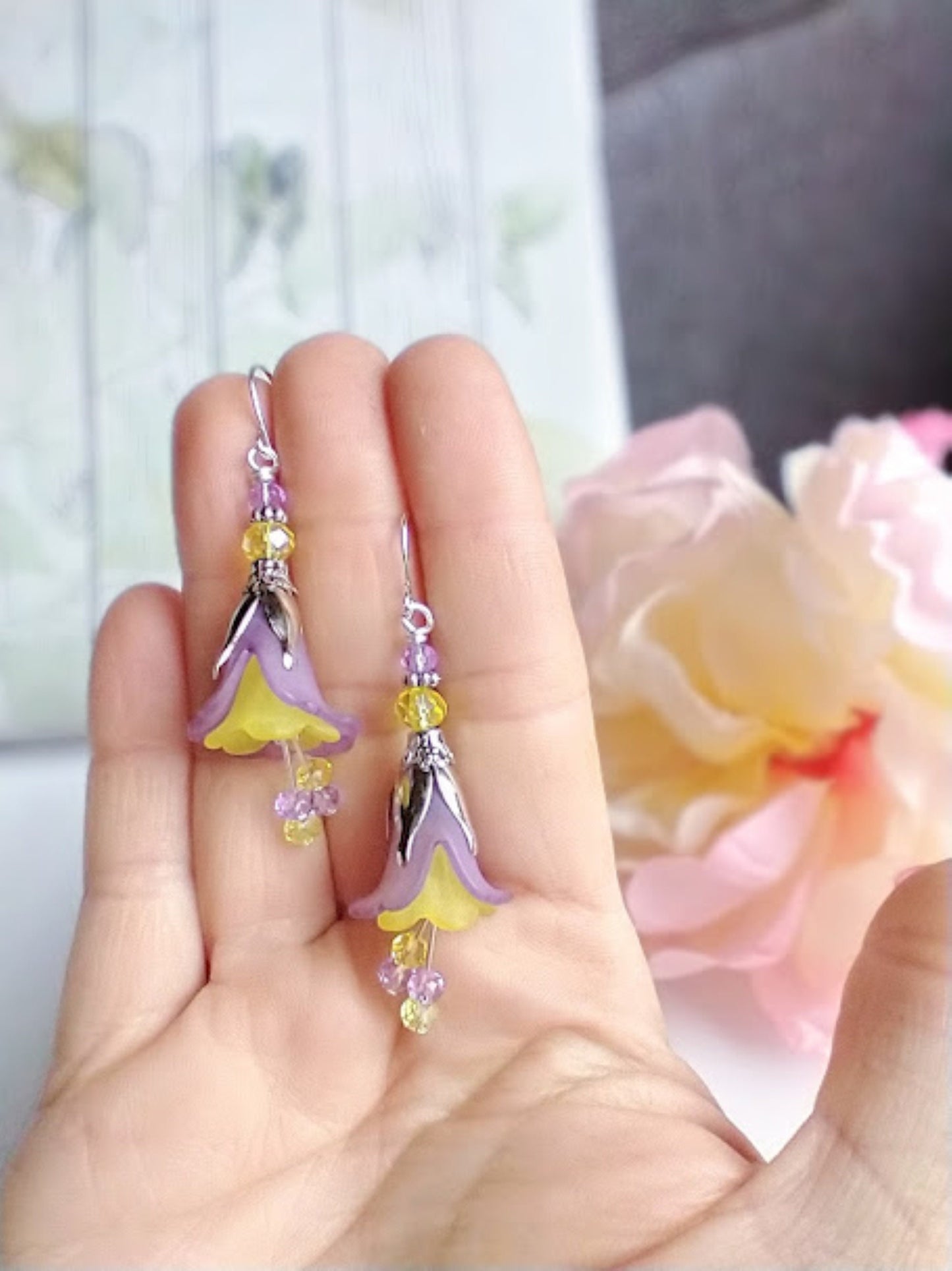 Purple Flower Dangle Earrings: Acrylic Floral Beads, Gift Box