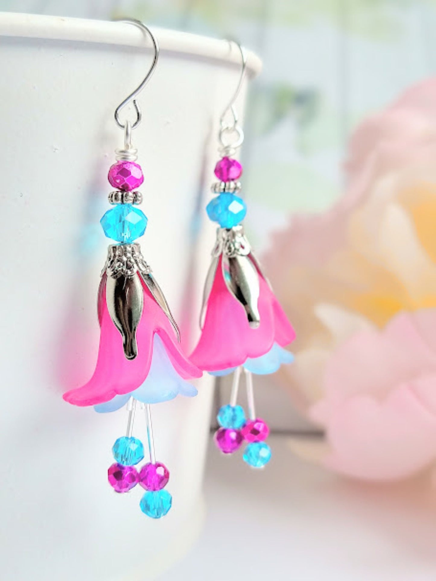Flower Earrings - Handmade Pink Blue Dangle Earrings Floral Dangle Earrings Gift For Nature Lover Bridal Jewelry Beach Wedding Accessories