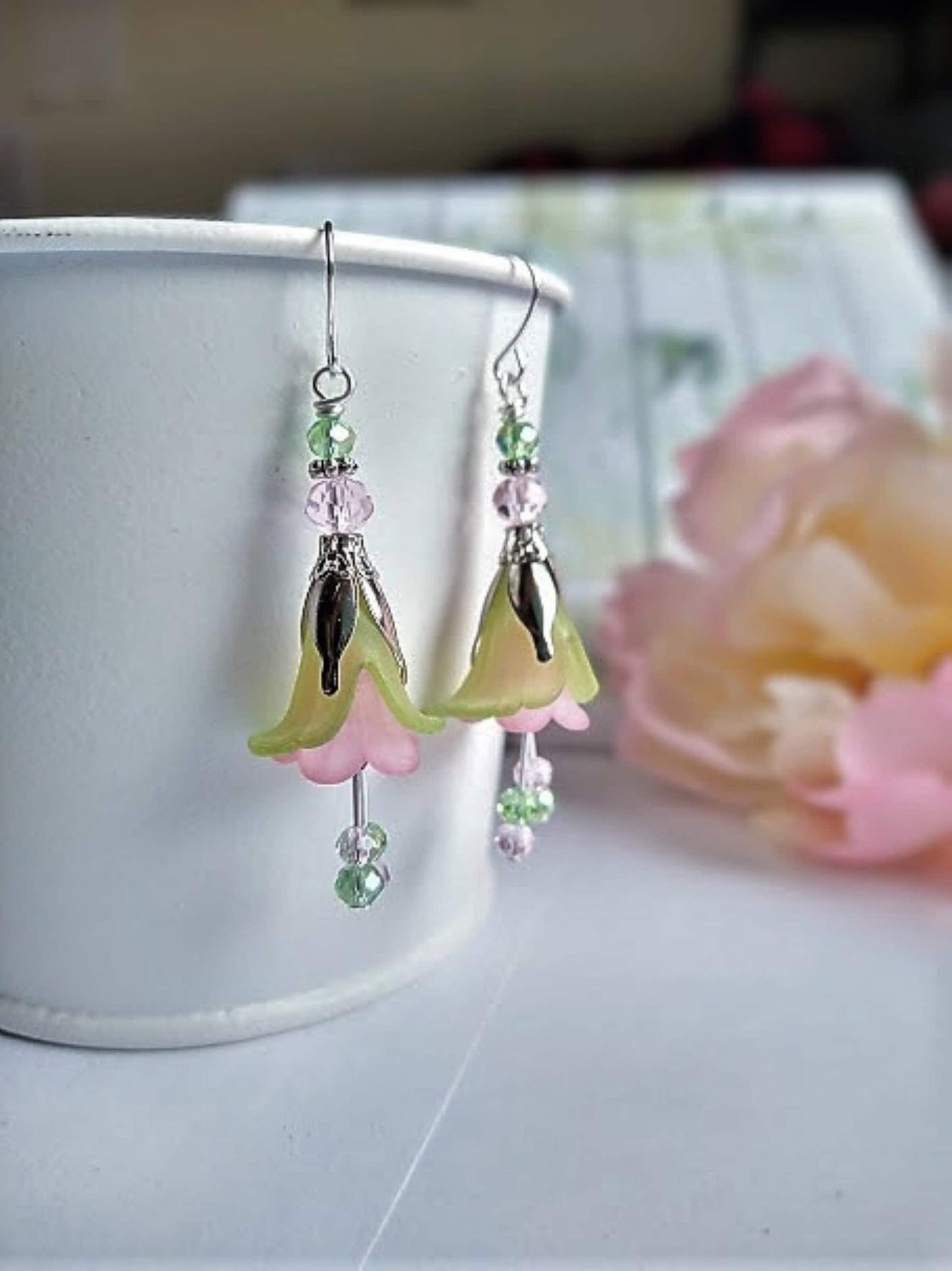 Pink Green Flower Earrings – Soft Pastel Floral Dangle Earrings, Spring Garden Jewelry, Lightweight Handmade Drop Earrings